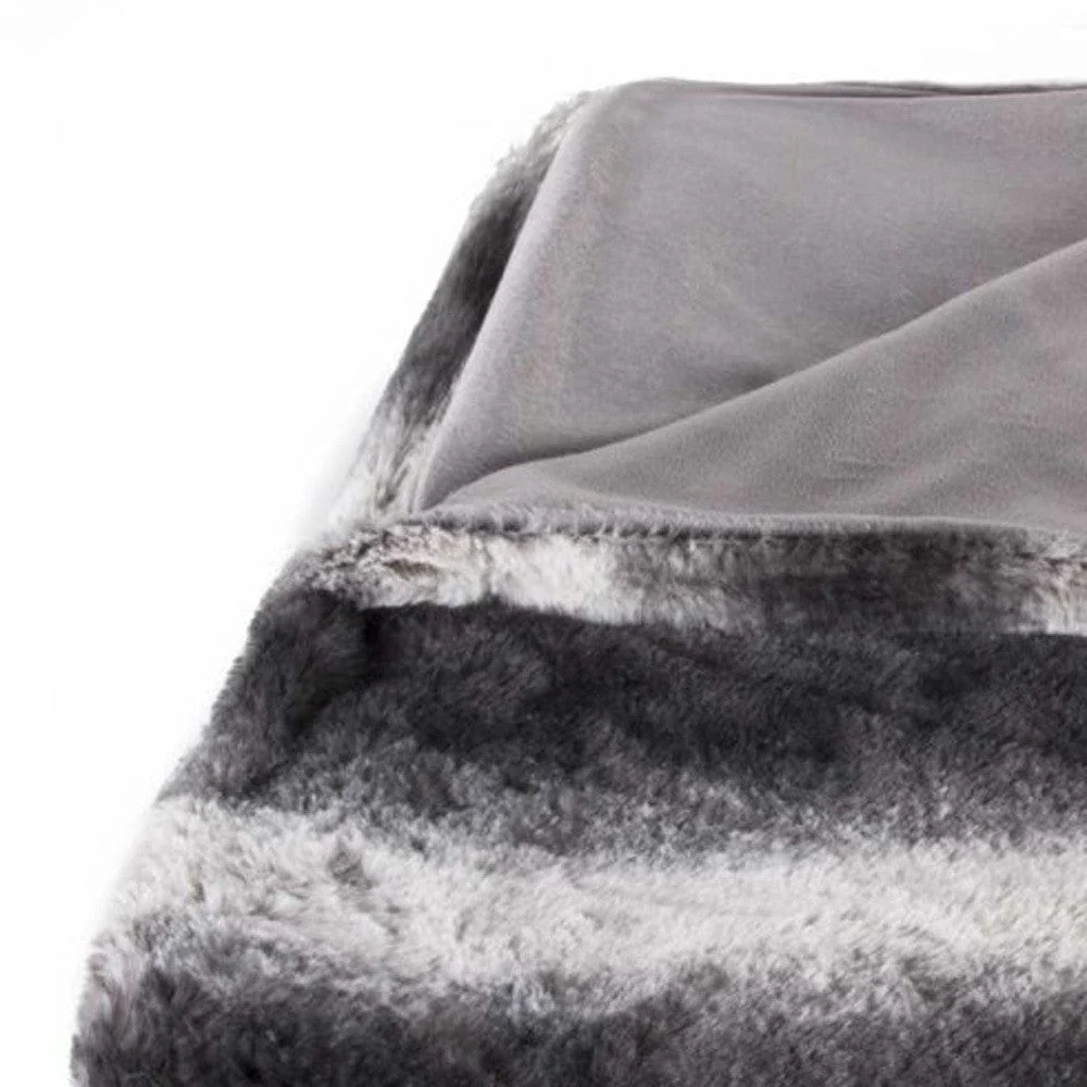 50" X 70" Gray and White Faux Fur Striped Plush Throw Blanket - Image 5