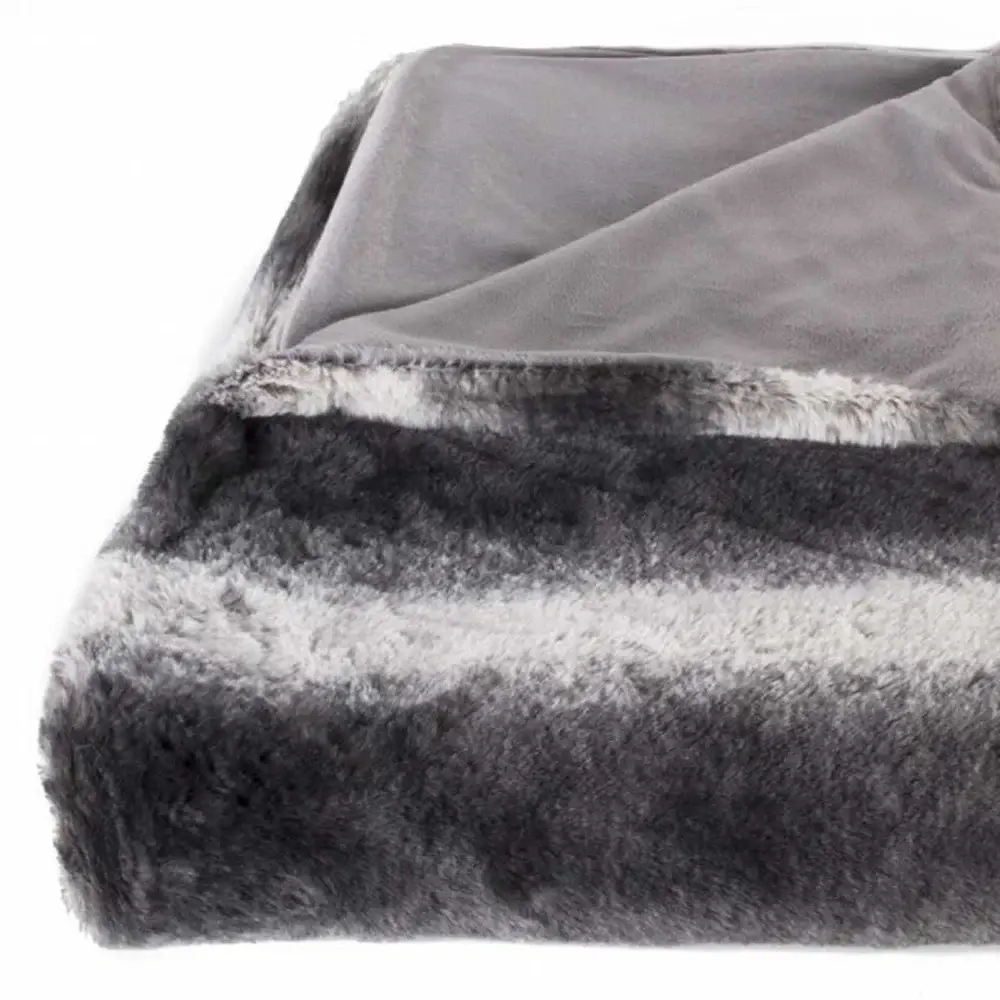 50" X 70" Gray and White Faux Fur Striped Plush Throw Blanket - Image 6
