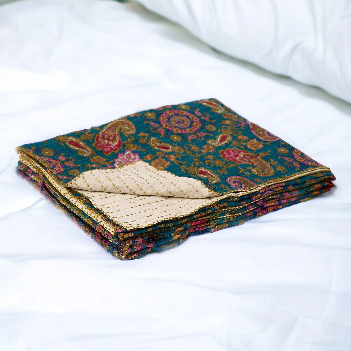 50" X 70" Green and Pink Kantha Cotton Paisley Throw Blanket with Embroidery - Image 2