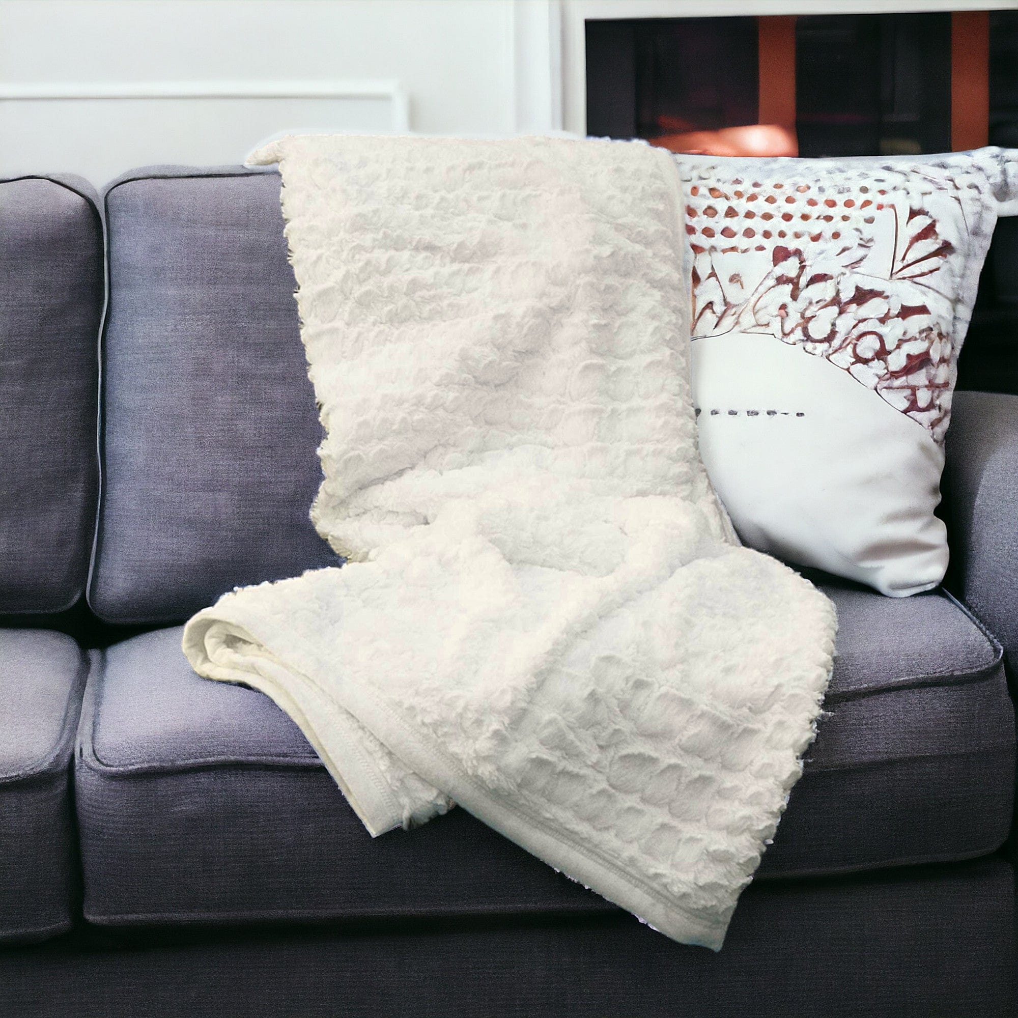 50" X 70" Ivory Faux Fur Plush Throw Blanket with Embroidery - Image 2