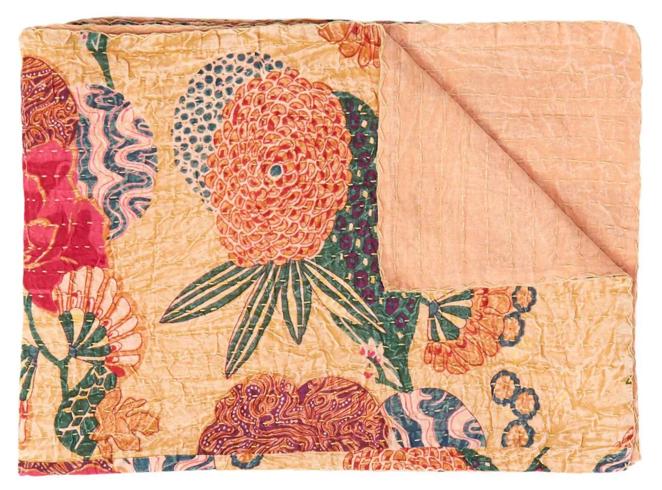 50" X 70" Orange and Red Kantha Cotton Floral Throw Blanket with Embroidery - Image 2