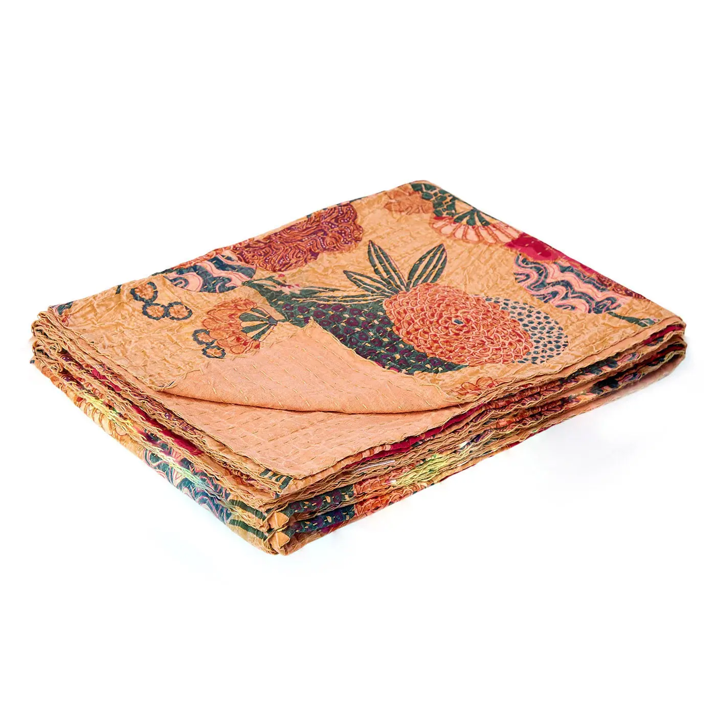 50" X 70" Orange and Red Kantha Cotton Floral Throw Blanket with Embroidery - Image 3