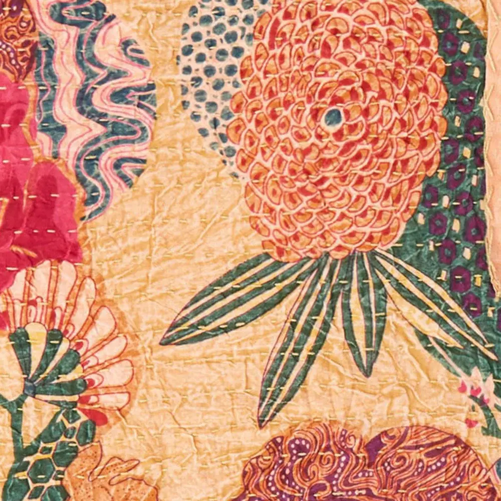 50" X 70" Orange and Red Kantha Cotton Floral Throw Blanket with Embroidery - Image 4