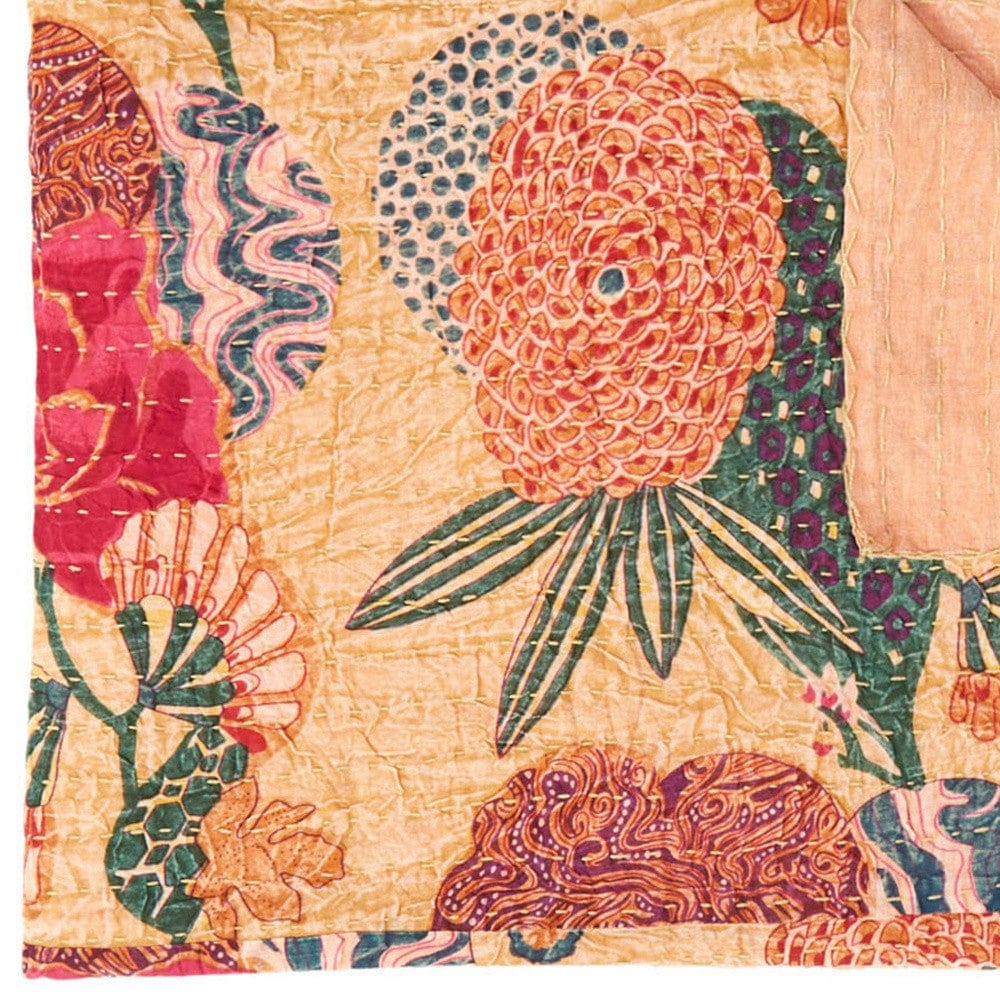 50" X 70" Orange and Red Kantha Cotton Floral Throw Blanket with Embroidery - Image 5