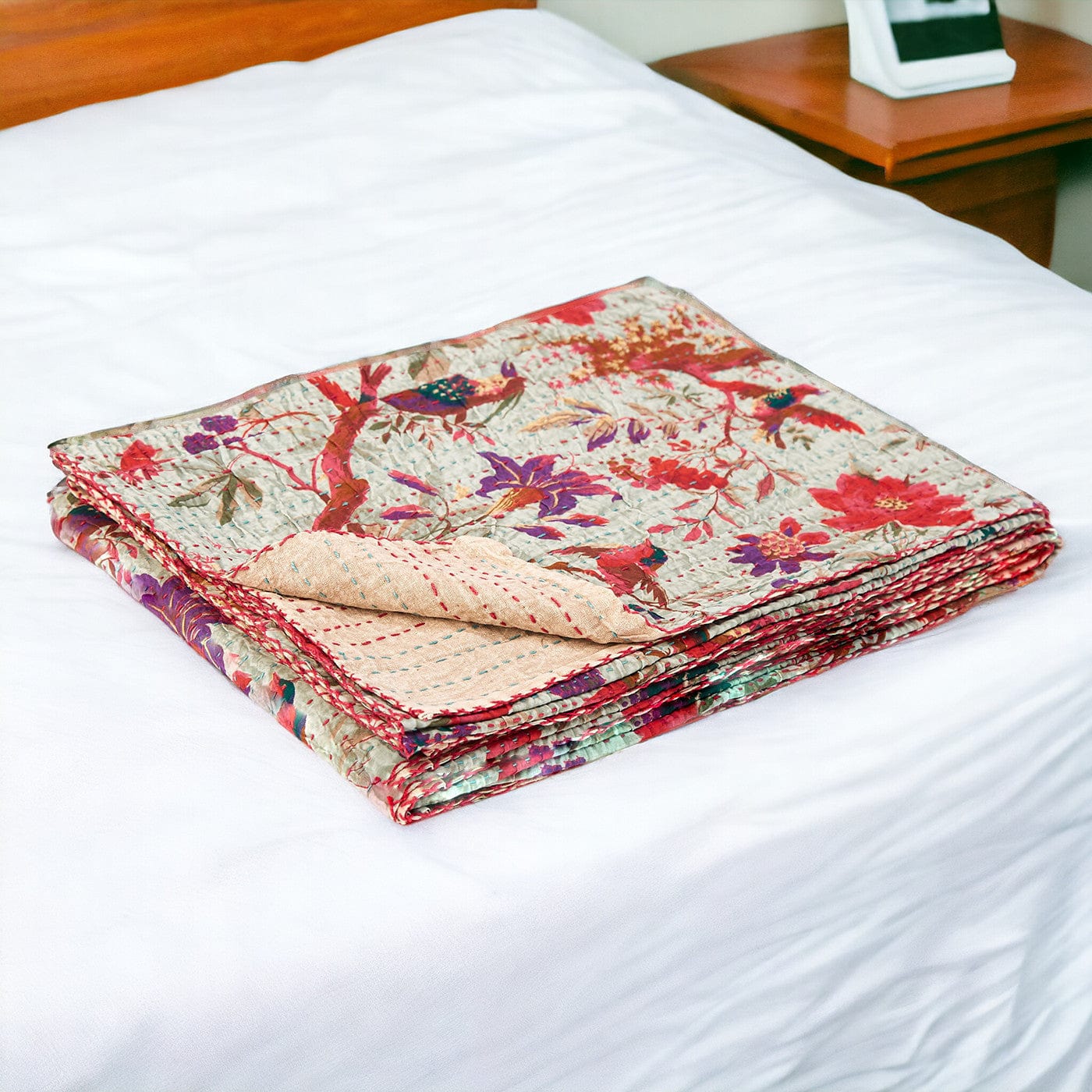 50" X 70" Pink and Ivory Kantha Cotton Floral Throw Blanket with Embroidery - Image 2