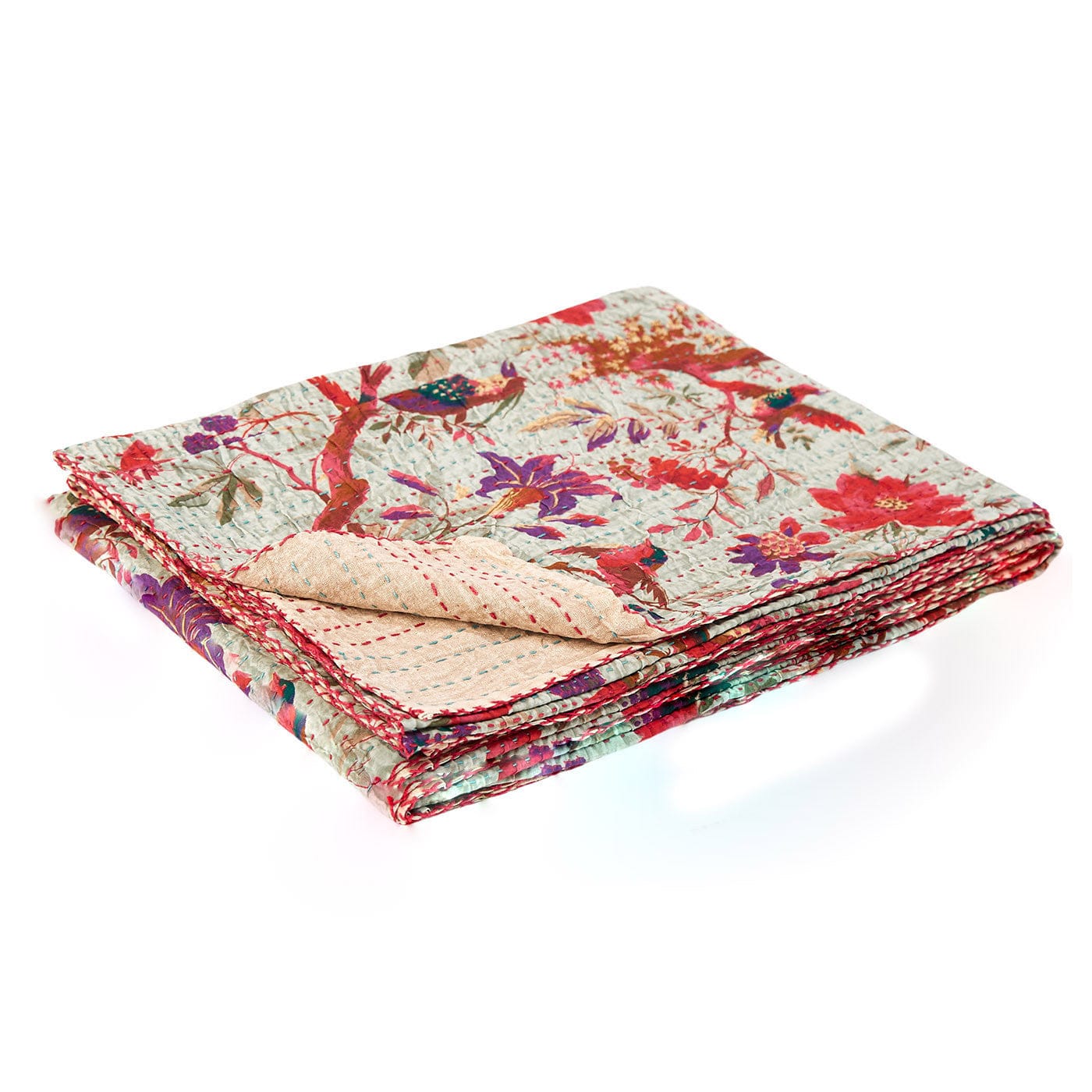 50" X 70" Pink and Ivory Kantha Cotton Floral Throw Blanket with Embroidery - Image 3