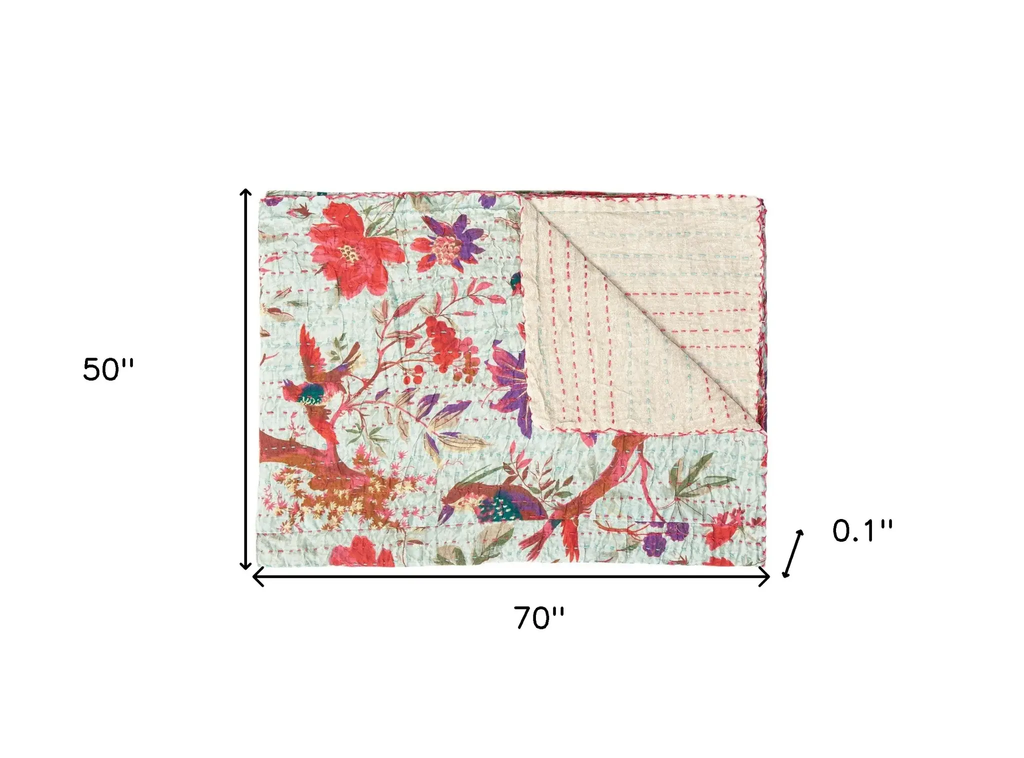 50" X 70" Pink and Ivory Kantha Cotton Floral Throw Blanket with Embroidery - Image 6