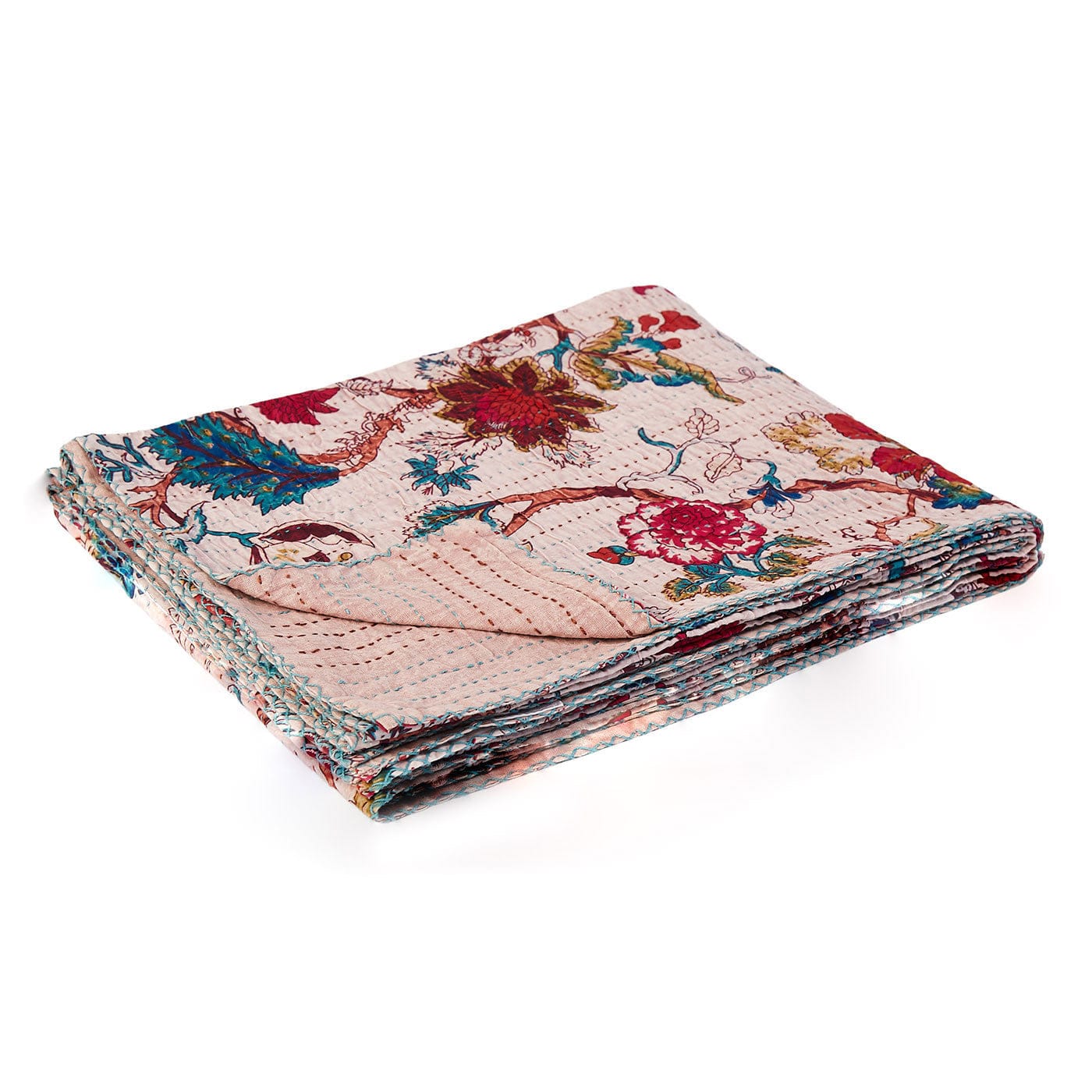 50" X 70" Pink and Red Kantha Cotton Floral Throw Blanket with Embroidery - Image 3