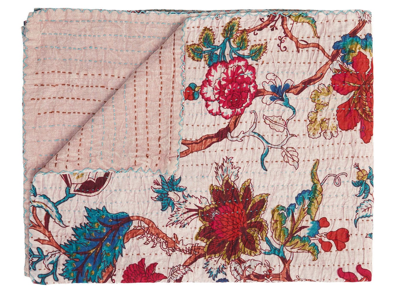 50" X 70" Pink and Red Kantha Cotton Floral Throw Blanket with Embroidery - Image 4