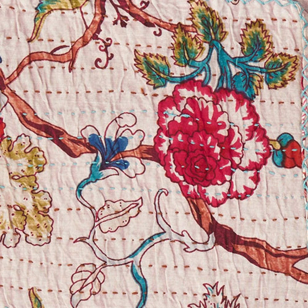 50" X 70" Pink and Red Kantha Cotton Floral Throw Blanket with Embroidery - Image 5