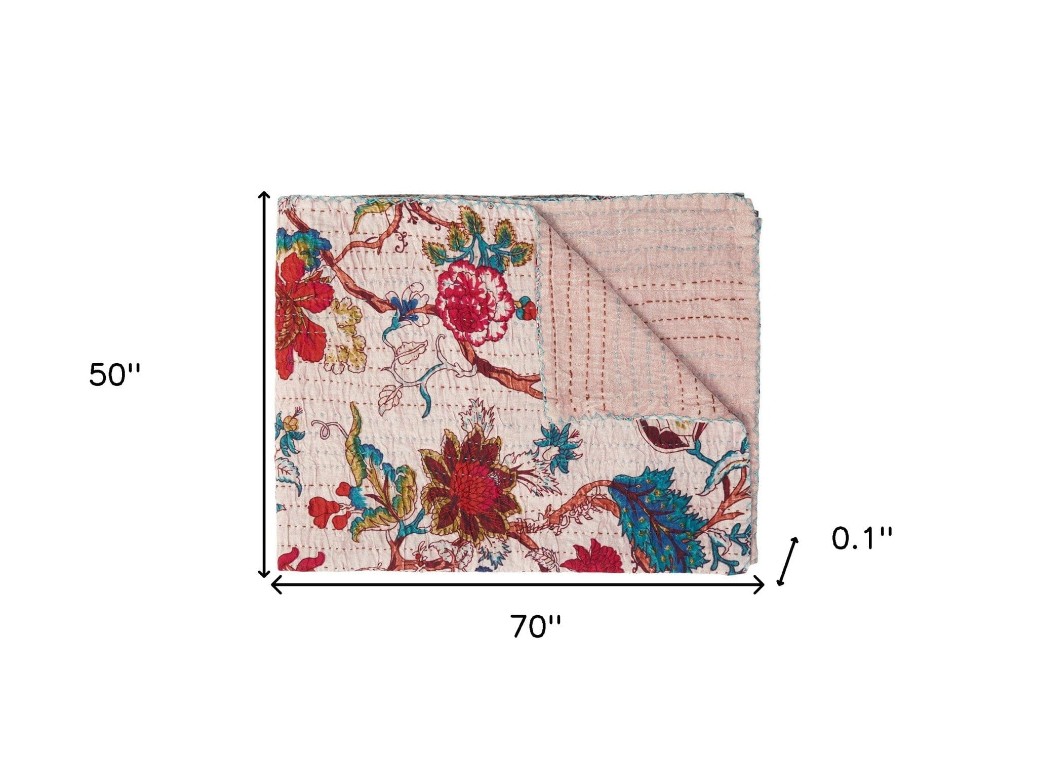 50" X 70" Pink and Red Kantha Cotton Floral Throw Blanket with Embroidery - Image 6