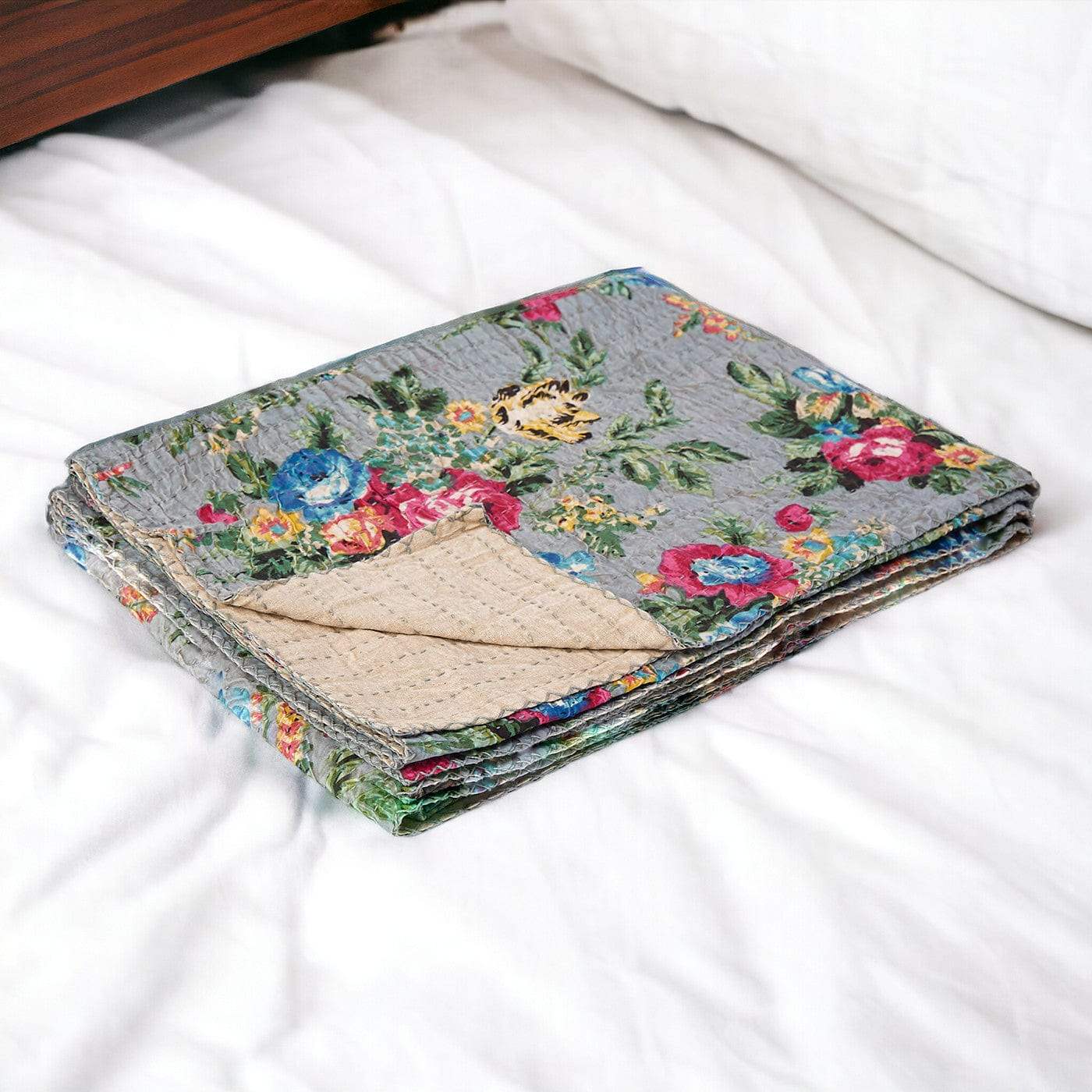 50" X 70" Pink Gray and Blue Kantha Cotton Floral Throw Blanket with Embroidery - Image 2