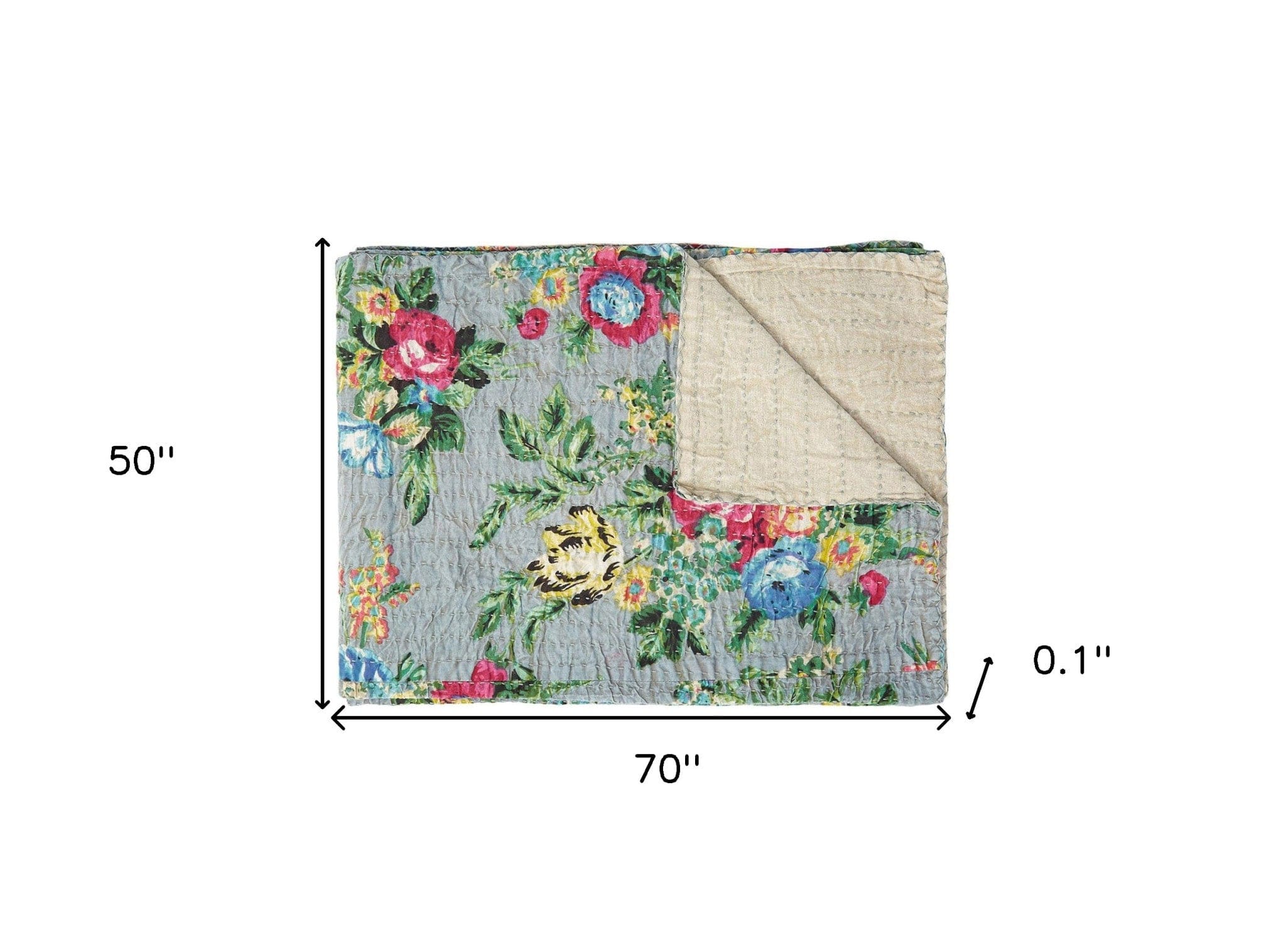 50" X 70" Pink Gray and Blue Kantha Cotton Floral Throw Blanket with Embroidery - Image 7
