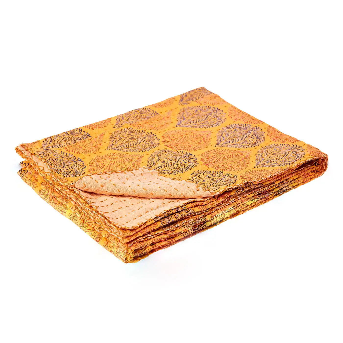 50" X 70" Yellow and Peach Kantha Cotton Patchwork Throw Blanket with Embroidery - Image 2