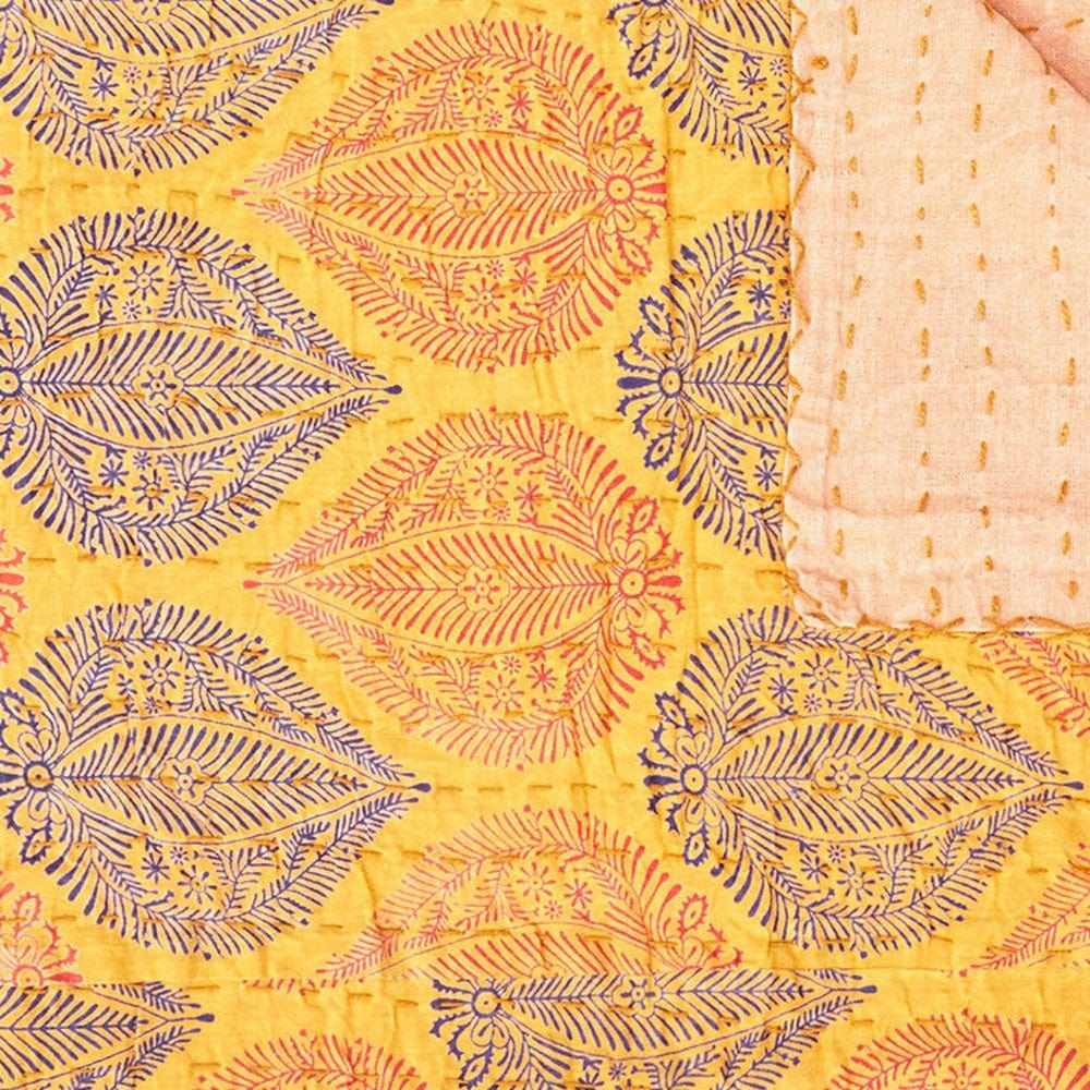 50" X 70" Yellow and Peach Kantha Cotton Patchwork Throw Blanket with Embroidery - Image 3