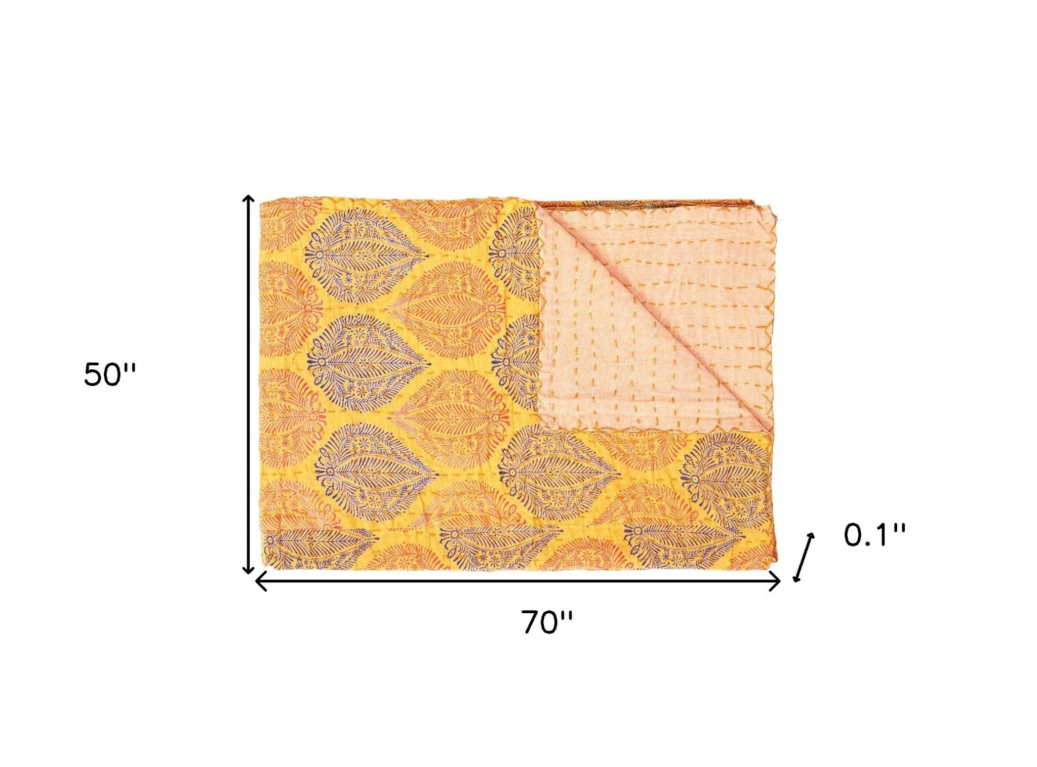 50" X 70" Yellow and Peach Kantha Cotton Patchwork Throw Blanket with Embroidery - Image 4
