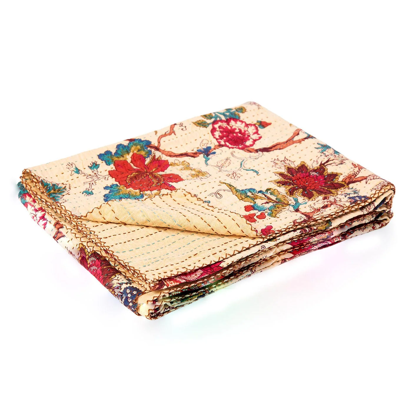 50" X 70" Yellow and Red Kantha Cotton Floral Throw Blanket with Embroidery - Image 3