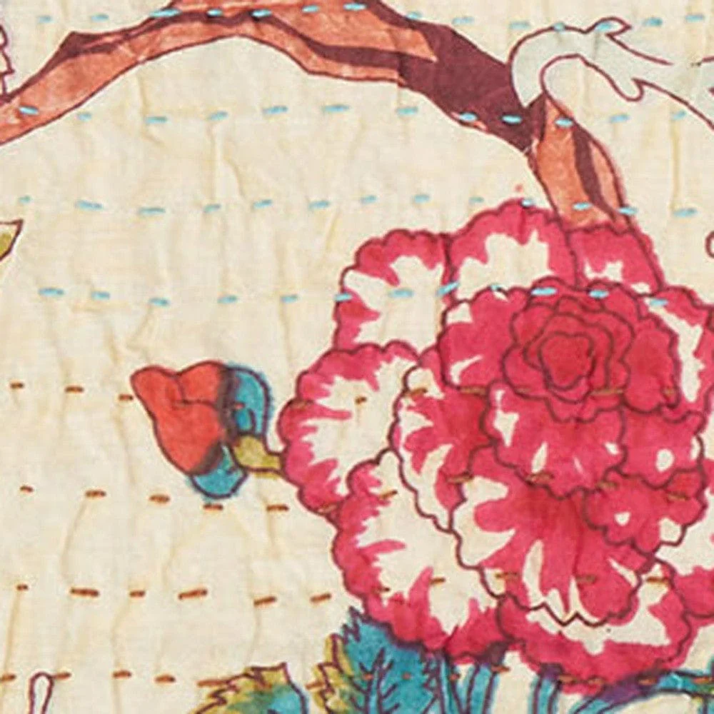 50" X 70" Yellow and Red Kantha Cotton Floral Throw Blanket with Embroidery - Image 4