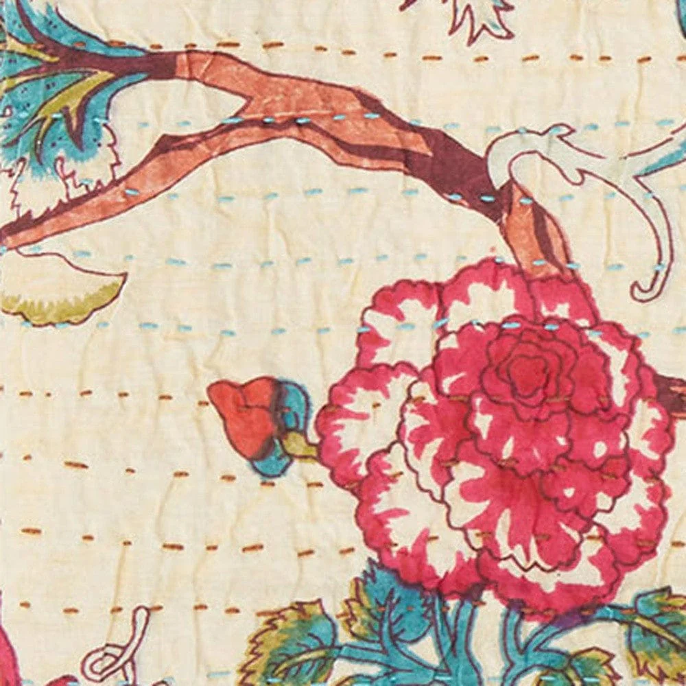 50" X 70" Yellow and Red Kantha Cotton Floral Throw Blanket with Embroidery - Image 5