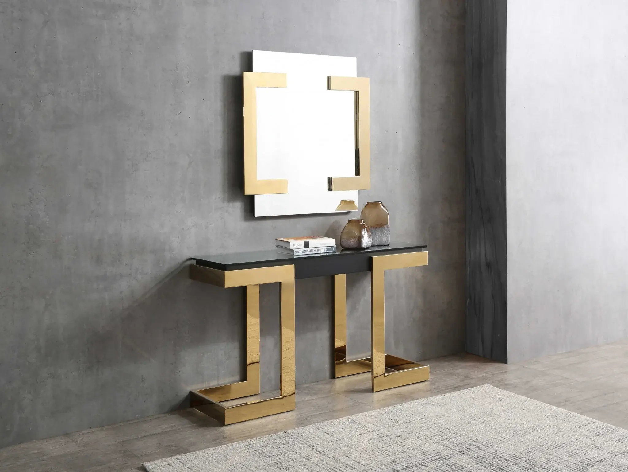 52" Black and Gold Glass Pedestal Console Table - Image 6