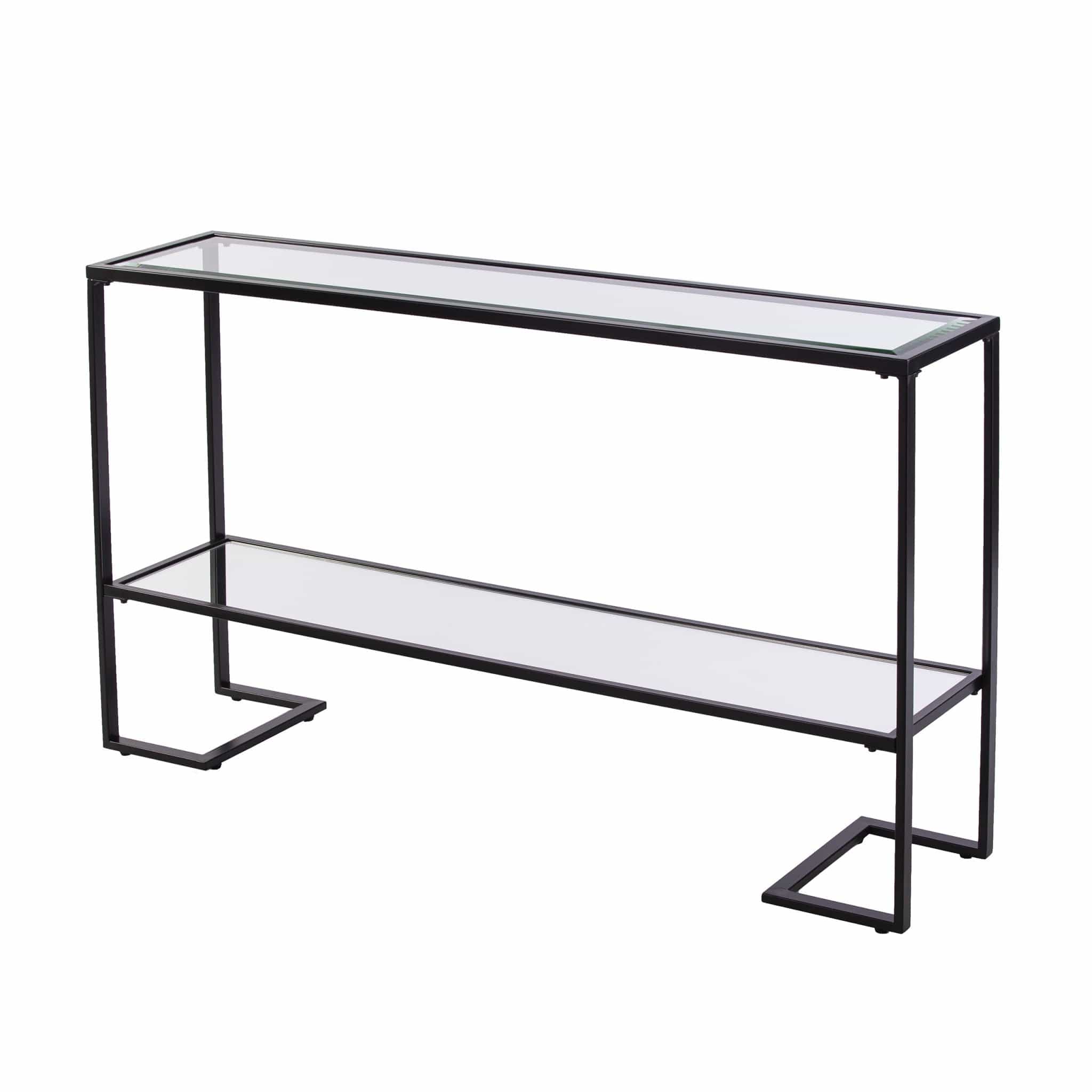 52" Clear and Black Glass Mirrored Sled Console Table With Shelves - Image 3