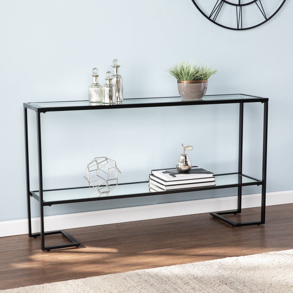 52" Clear and Black Glass Mirrored Sled Console Table With Shelves - Image 6