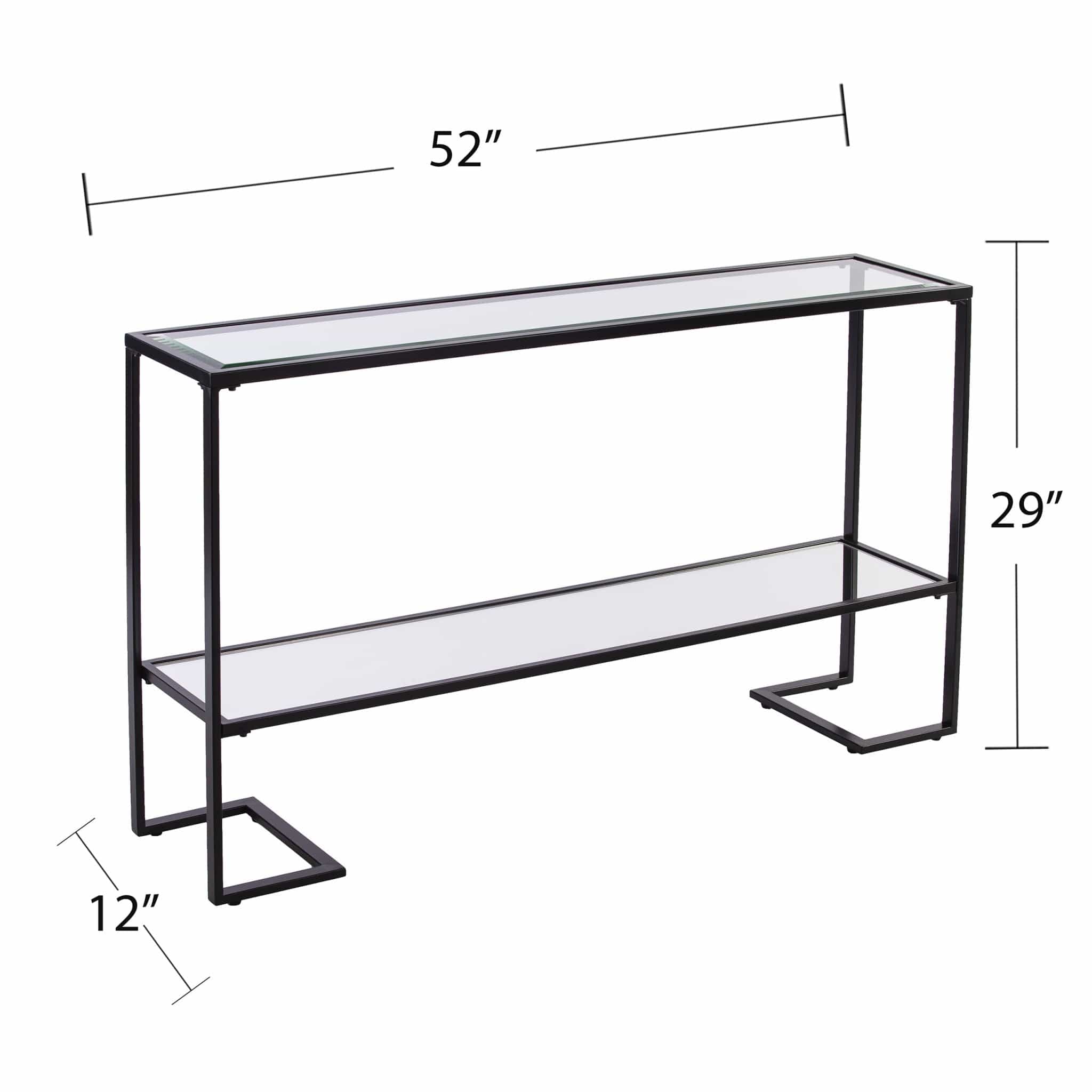 52" Clear and Black Glass Mirrored Sled Console Table With Shelves - Image 7
