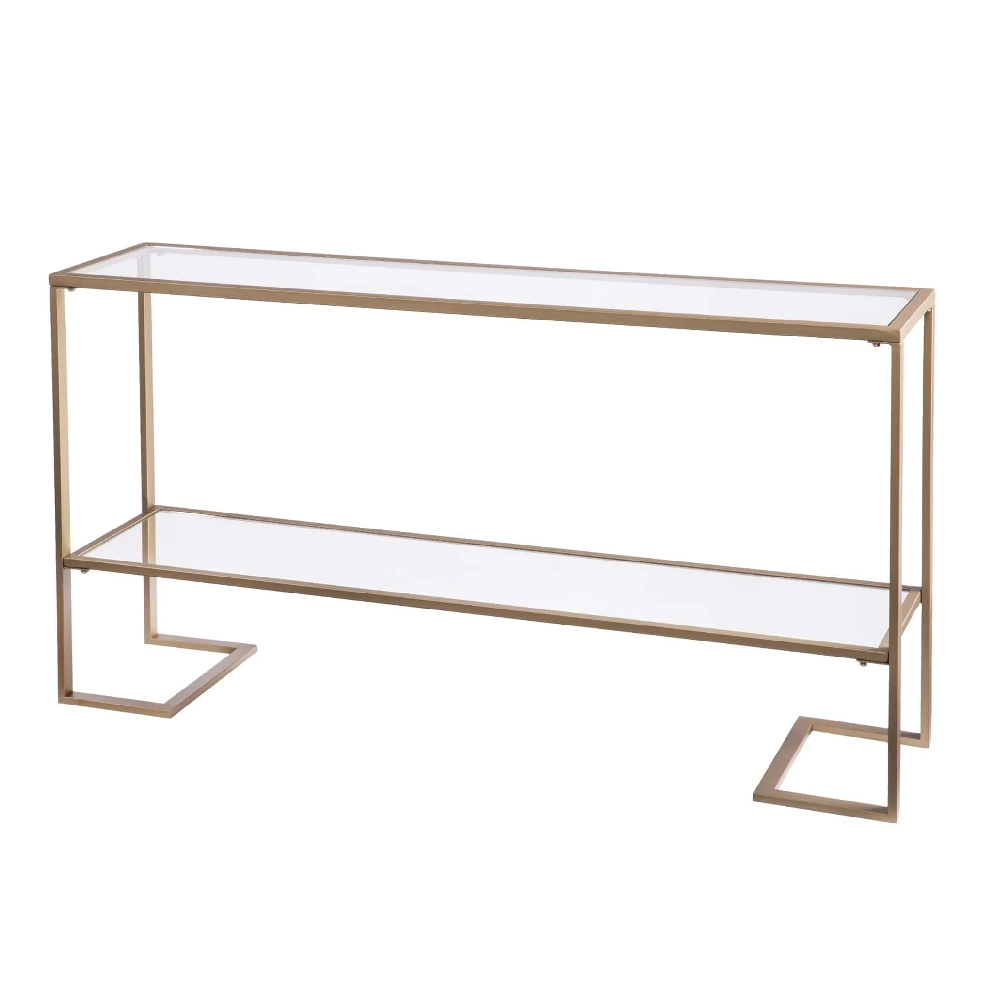 52" Clear and Gold Glass Mirrored Sled Console Table With Shelves - Image 2