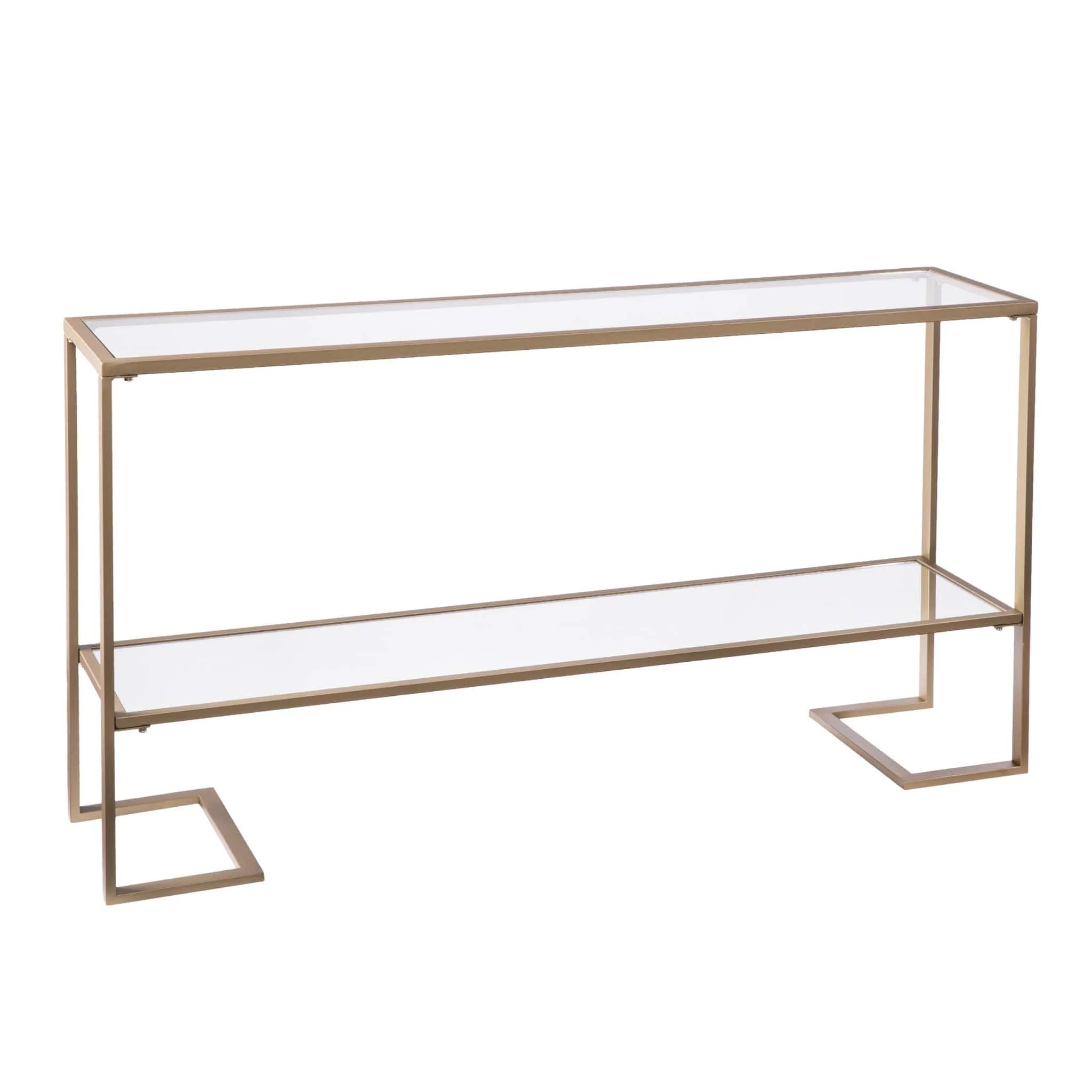 52" Clear and Gold Glass Mirrored Sled Console Table With Shelves - Image 3