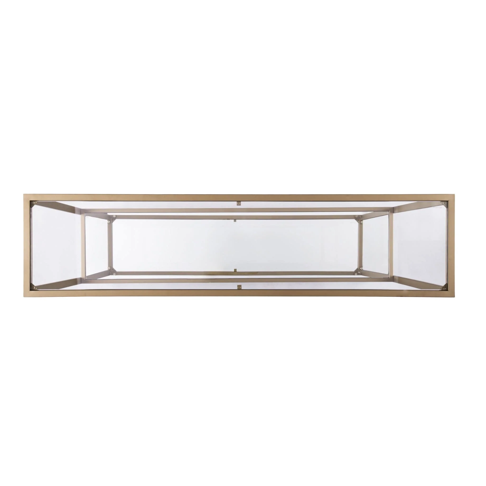52" Clear and Gold Glass Mirrored Sled Console Table With Shelves - Image 4