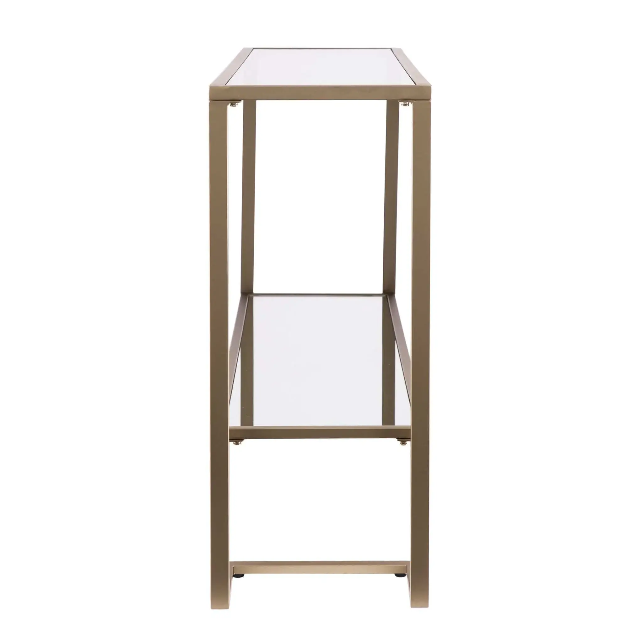 52" Clear and Gold Glass Mirrored Sled Console Table With Shelves - Image 5