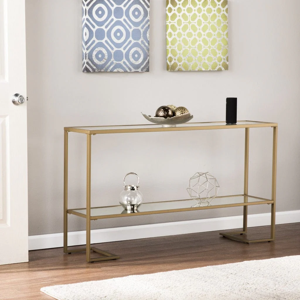 52" Clear and Gold Glass Mirrored Sled Console Table With Shelves - Image 6