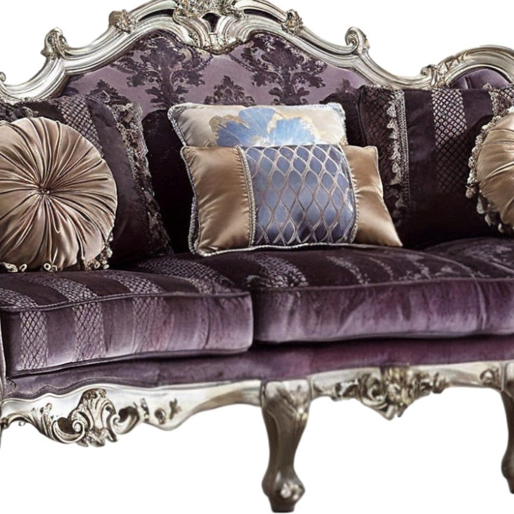 52" Dark Purple Velvet Curved Striped Sofa And Toss Pillows With Platinum Legs - Image 5