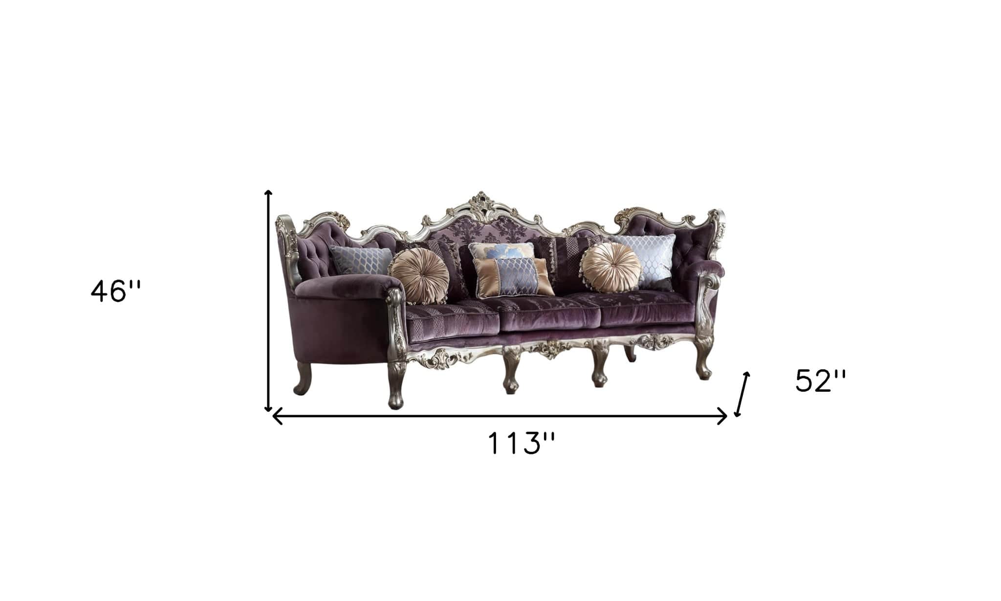 52" Dark Purple Velvet Curved Striped Sofa And Toss Pillows With Platinum Legs - Image 6