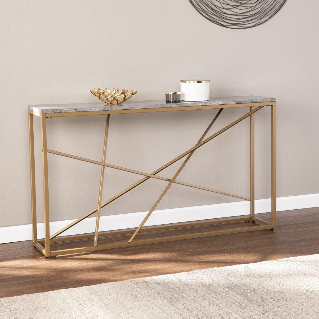 52" Gray and Gold Faux Marble Frame Console Table - Image 4