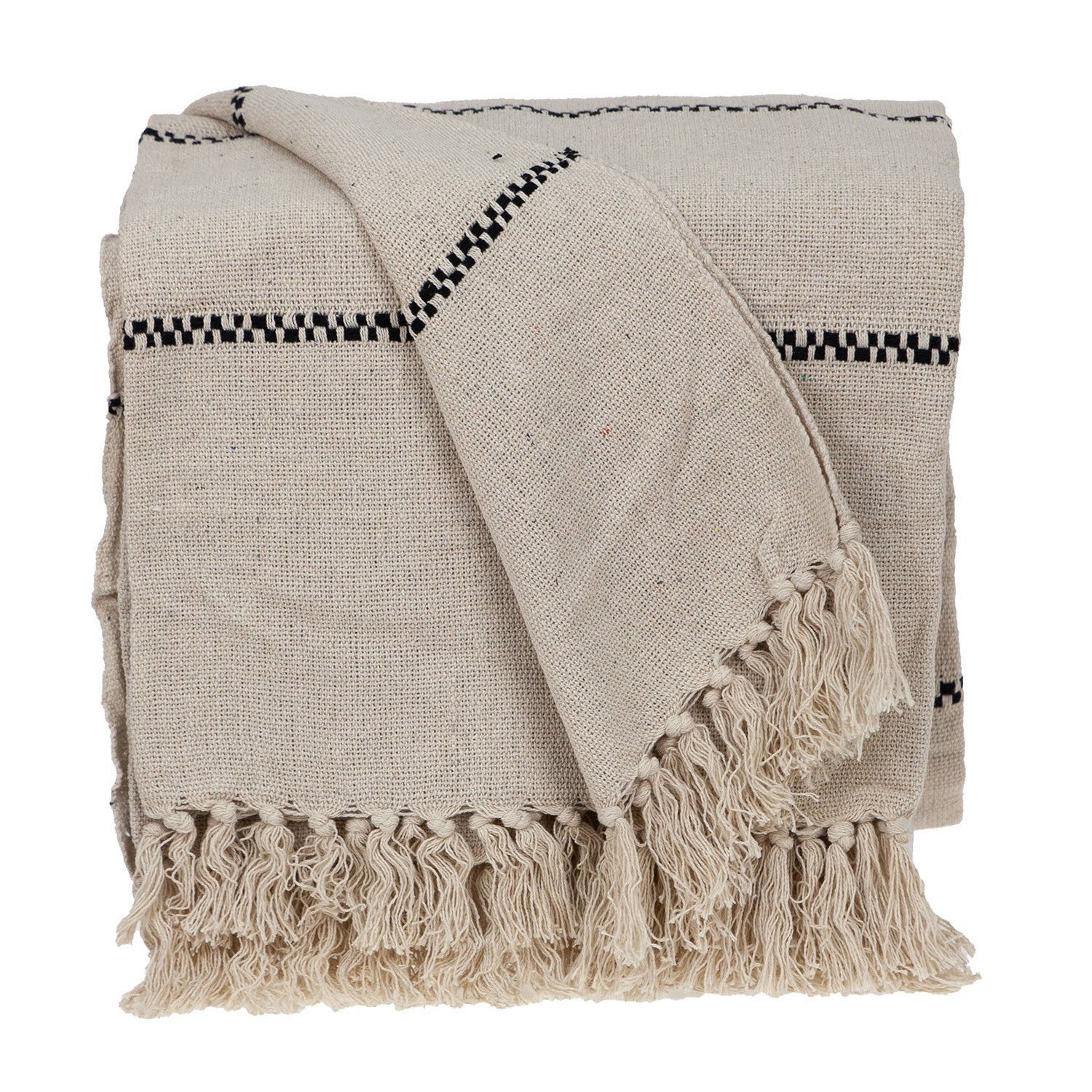 52" X 67" Beige and Black Woven Cotton Striped Throw Blanket with Tassels - Image 2
