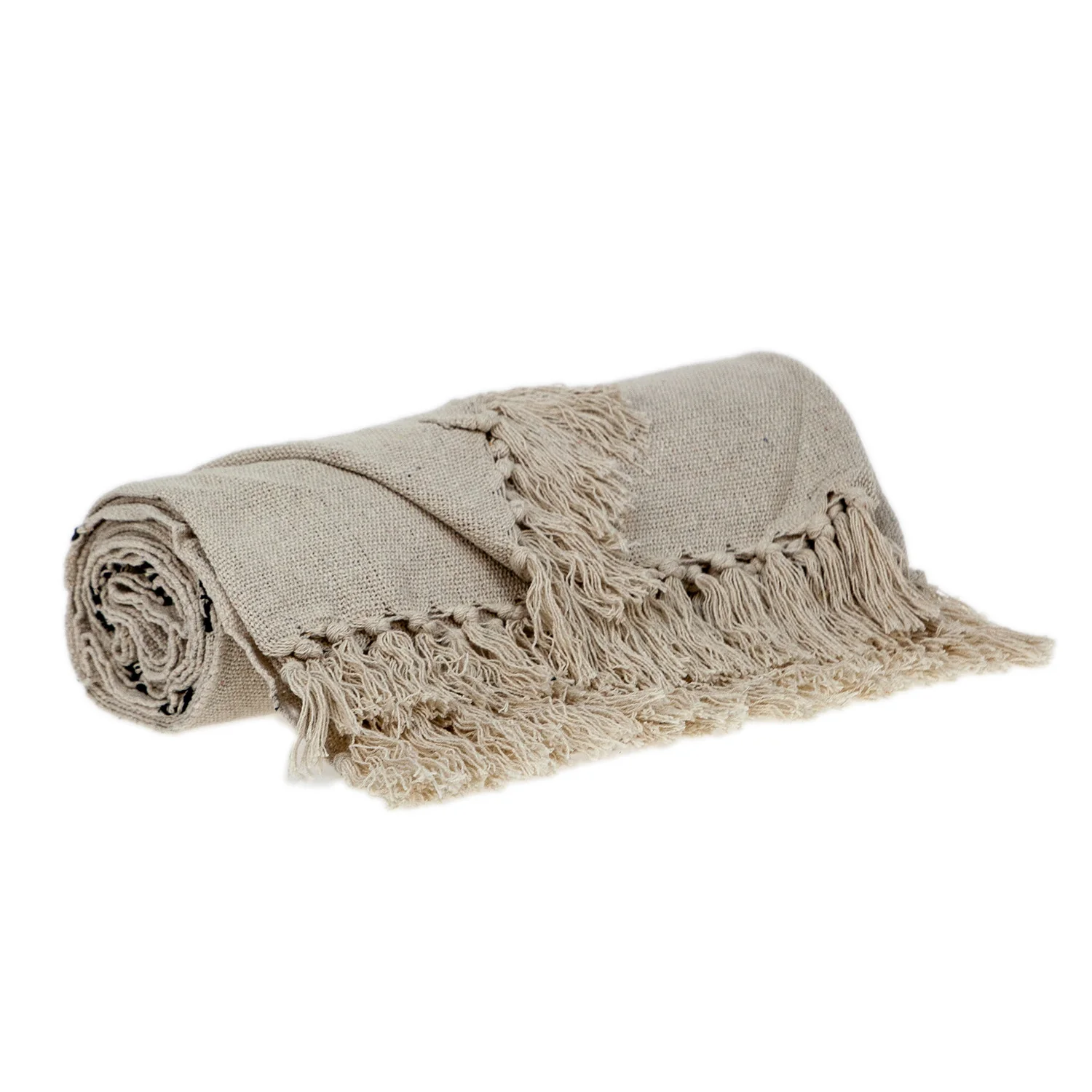 52" X 67" Beige and Black Woven Cotton Striped Throw Blanket with Tassels - Image 3
