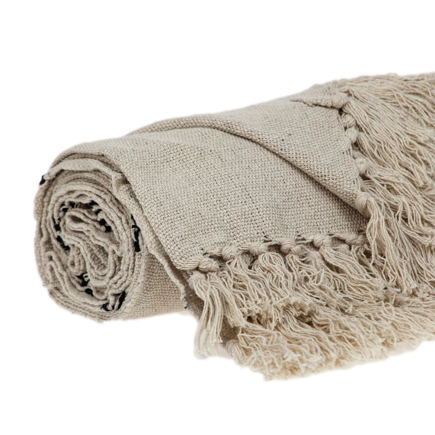 52" X 67" Beige and Black Woven Cotton Striped Throw Blanket with Tassels - Image 4