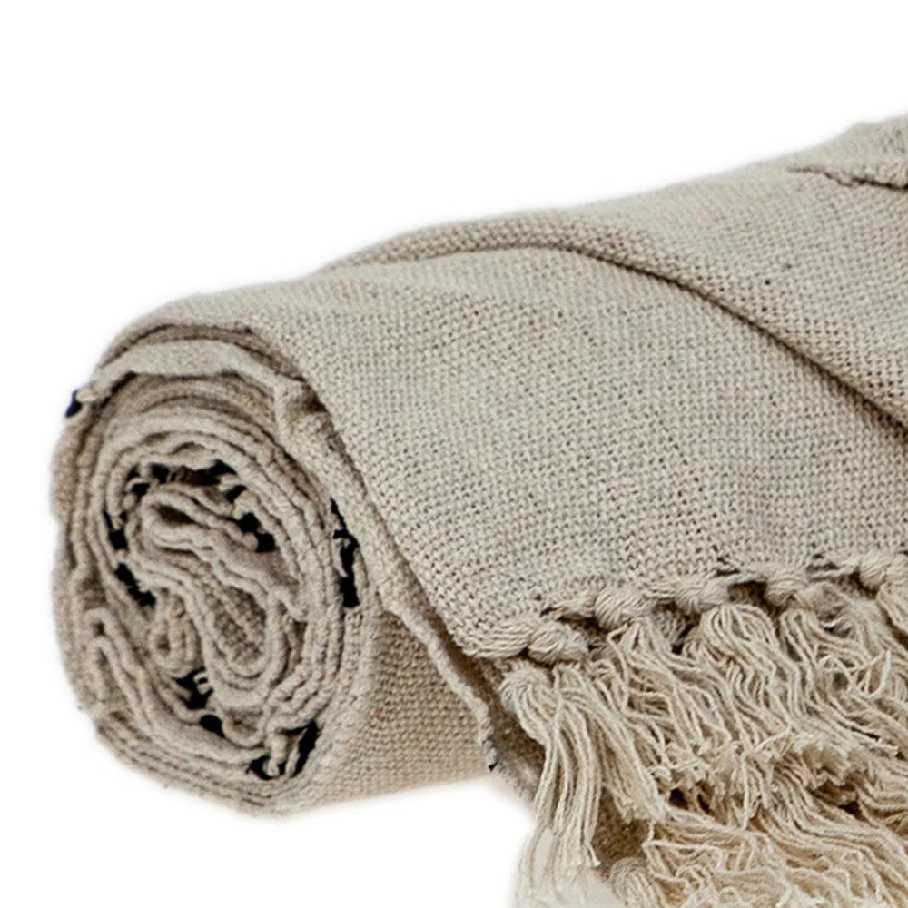 52" X 67" Beige and Black Woven Cotton Striped Throw Blanket with Tassels - Image 6