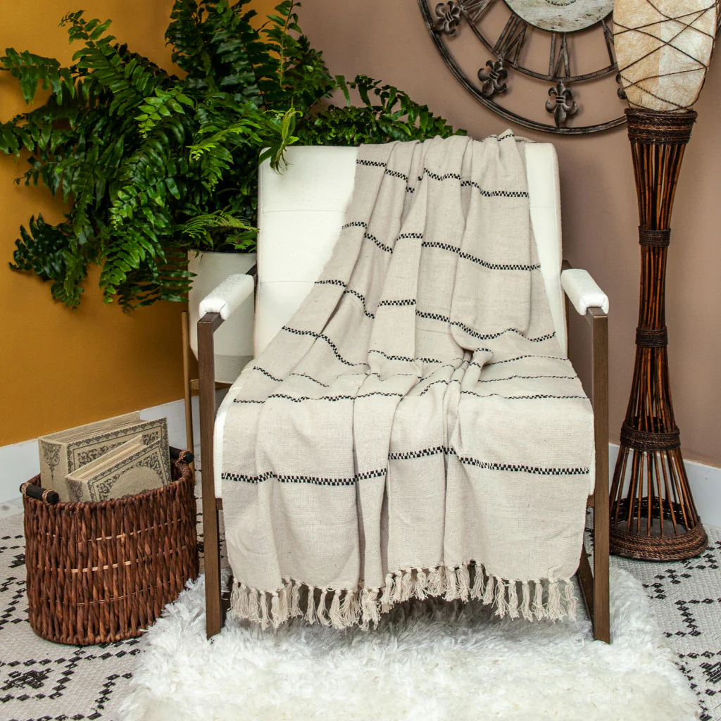 52" X 67" Beige and Black Woven Cotton Striped Throw Blanket with Tassels - Image 7