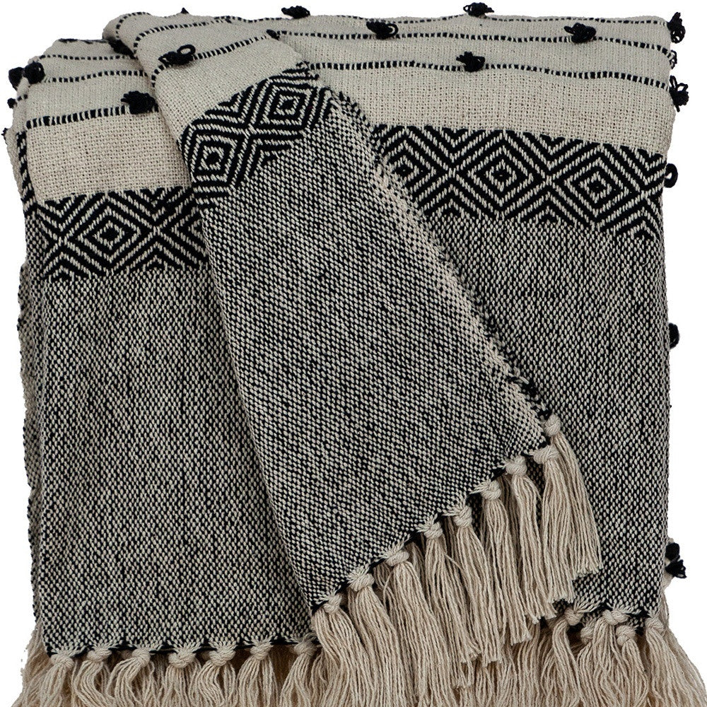52" X 67" Beige and Black Woven Wool Throw Blanket - Image 4