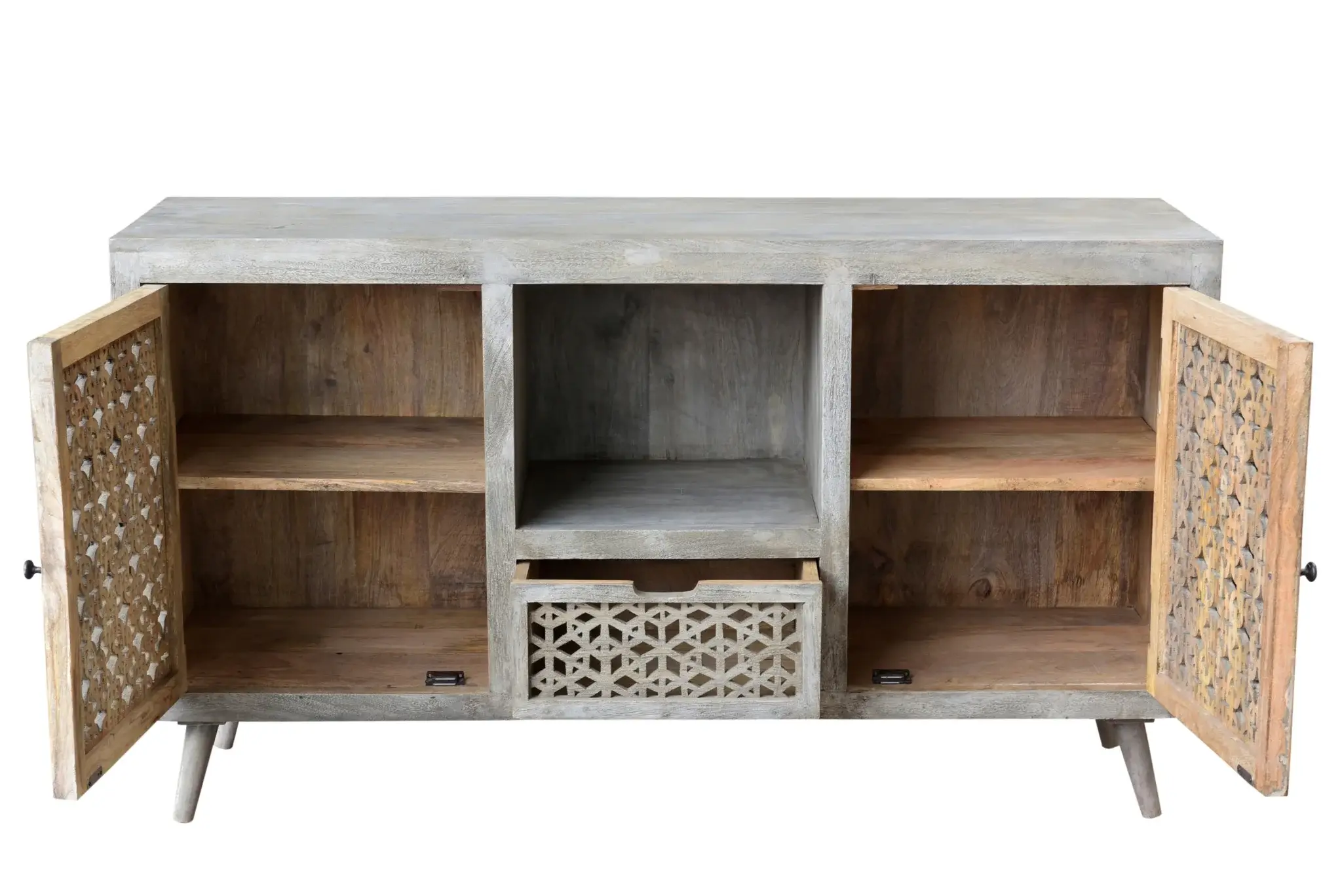 55" Gray Solid Wood Distressed Console Table With Shelves And Drawers - Image 5
