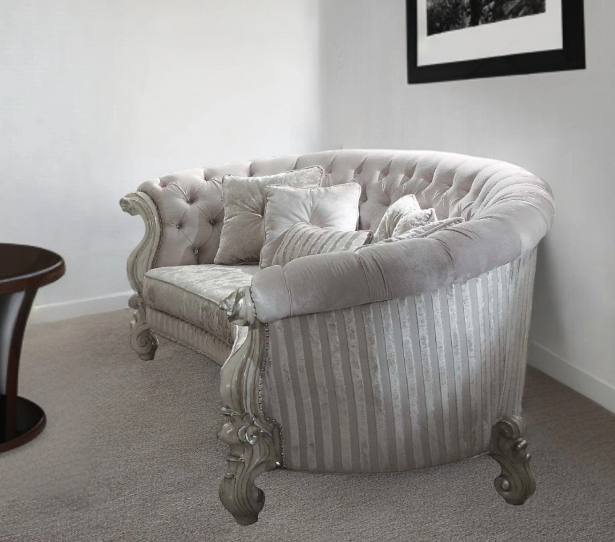 55" Ivory Velvet Curved Floral Sofa And Toss Pillows With Gray Legs - Image 2