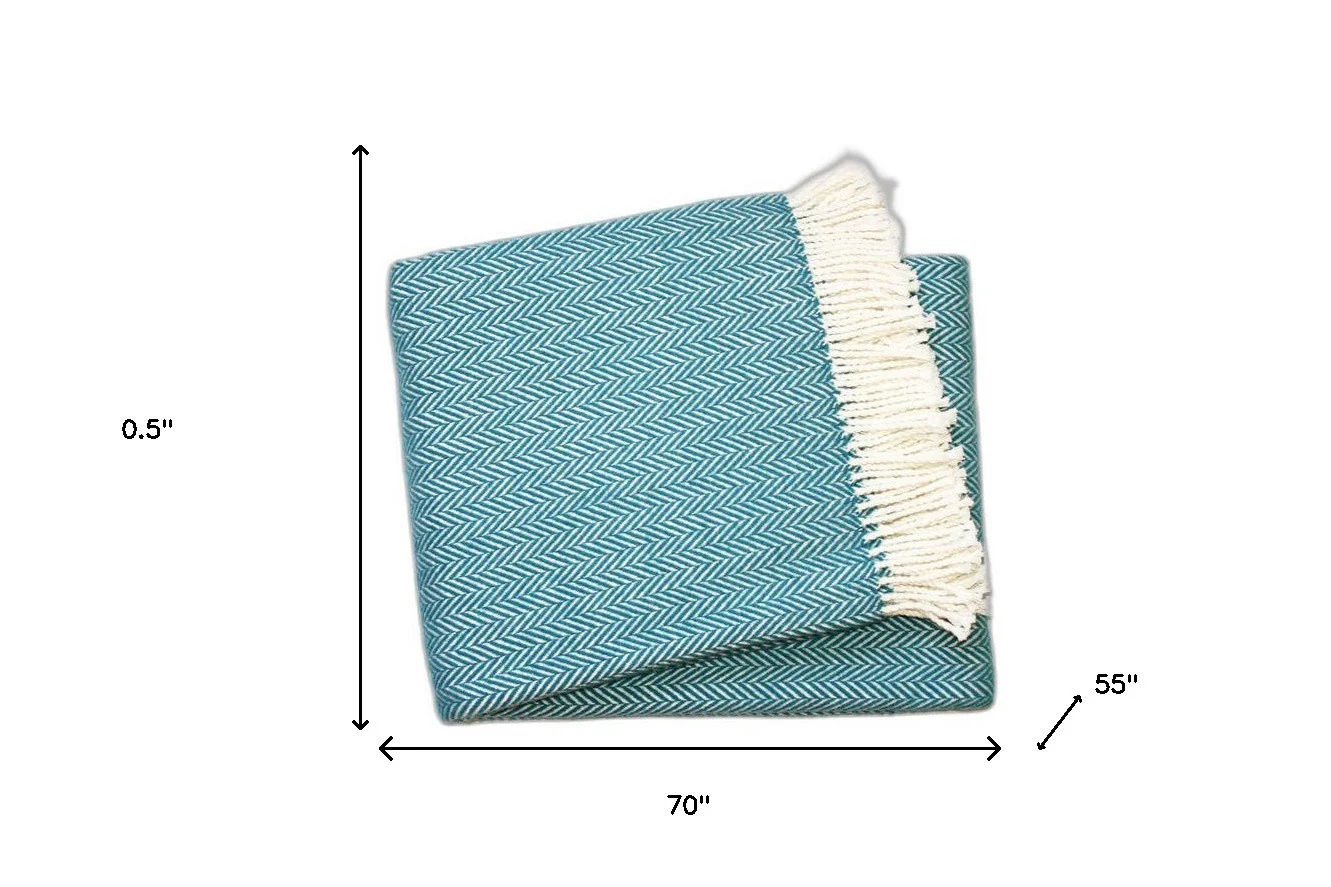 55" X 70" Teal Blue and White Woven Herringbone Plush Throw Blanket - Image 9