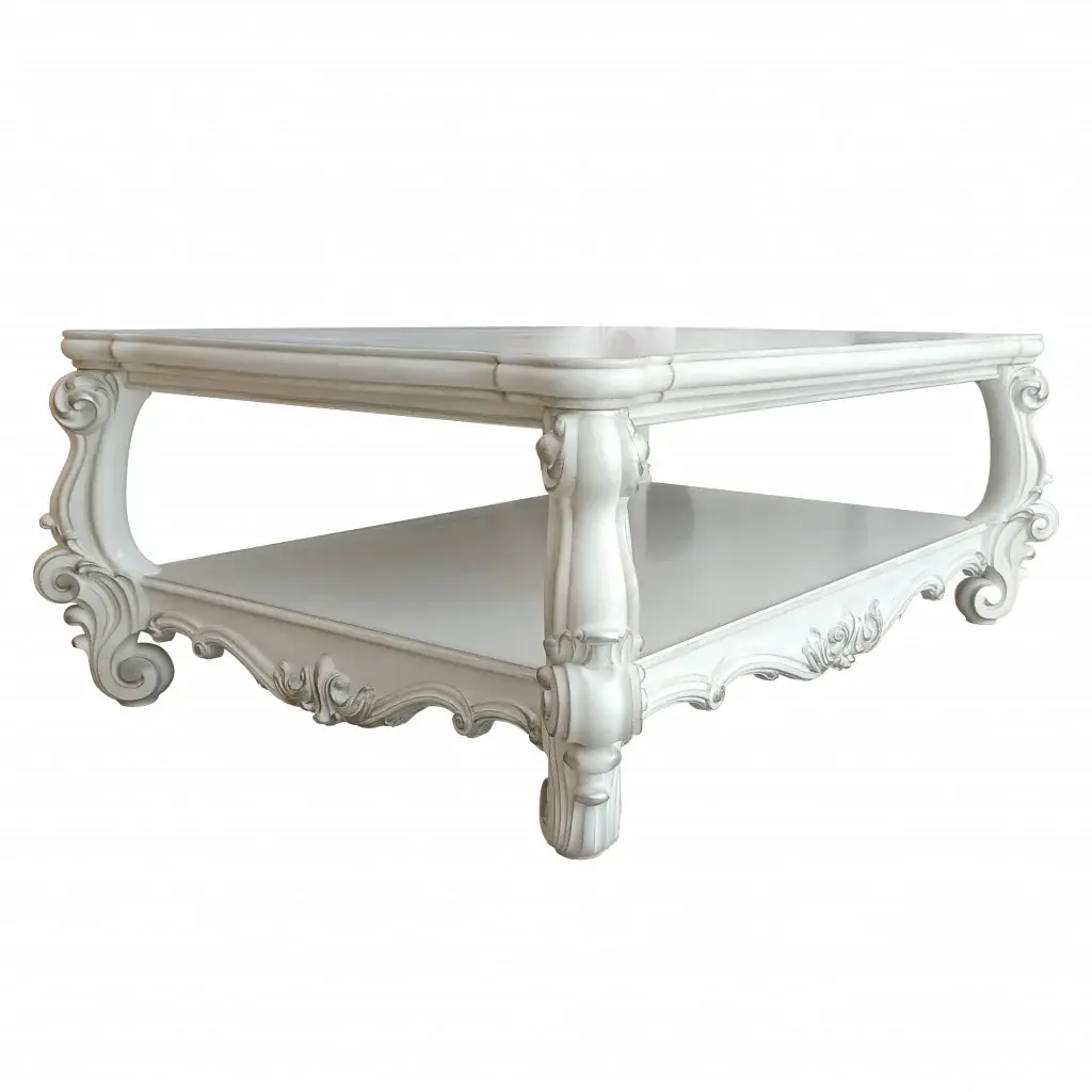 57" Antiqued White Solid And Manufactured Wood Coffee Table With Shelf - Image 2