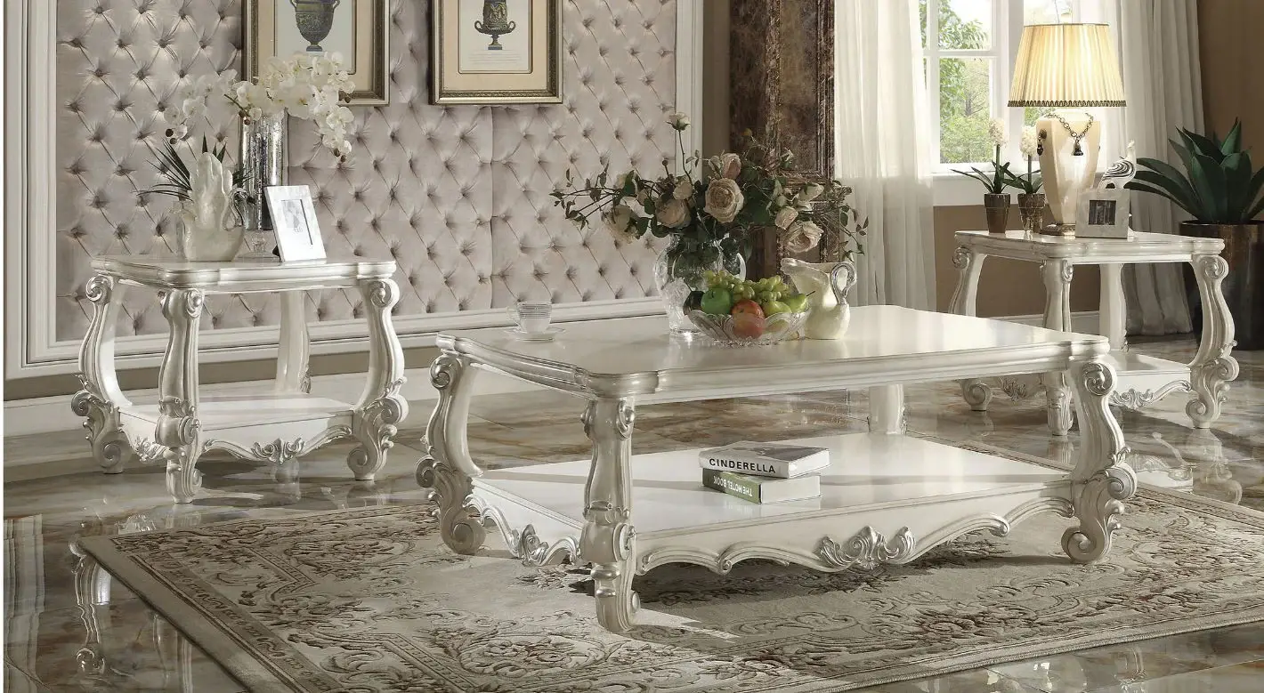 57" Antiqued White Solid And Manufactured Wood Coffee Table With Shelf - Image 3