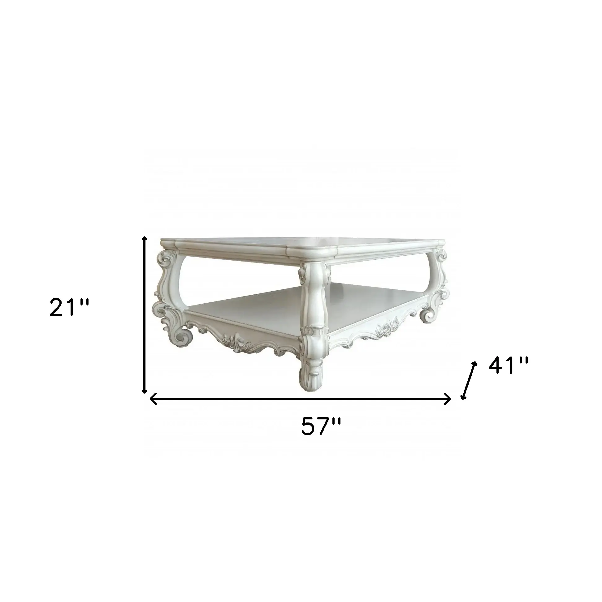 57" Antiqued White Solid And Manufactured Wood Coffee Table With Shelf - Image 4