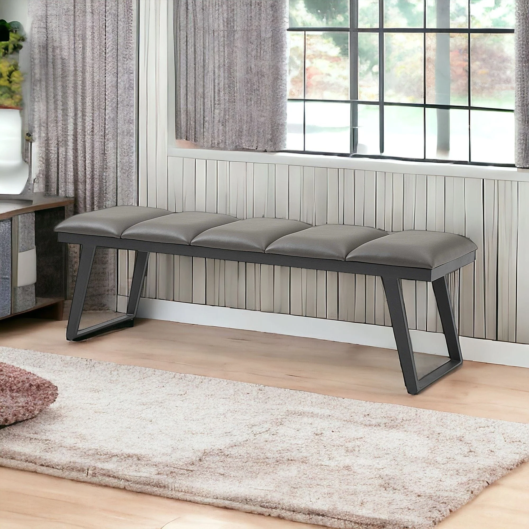 57" Gray Upholstered Faux Leather Bench - Image 7