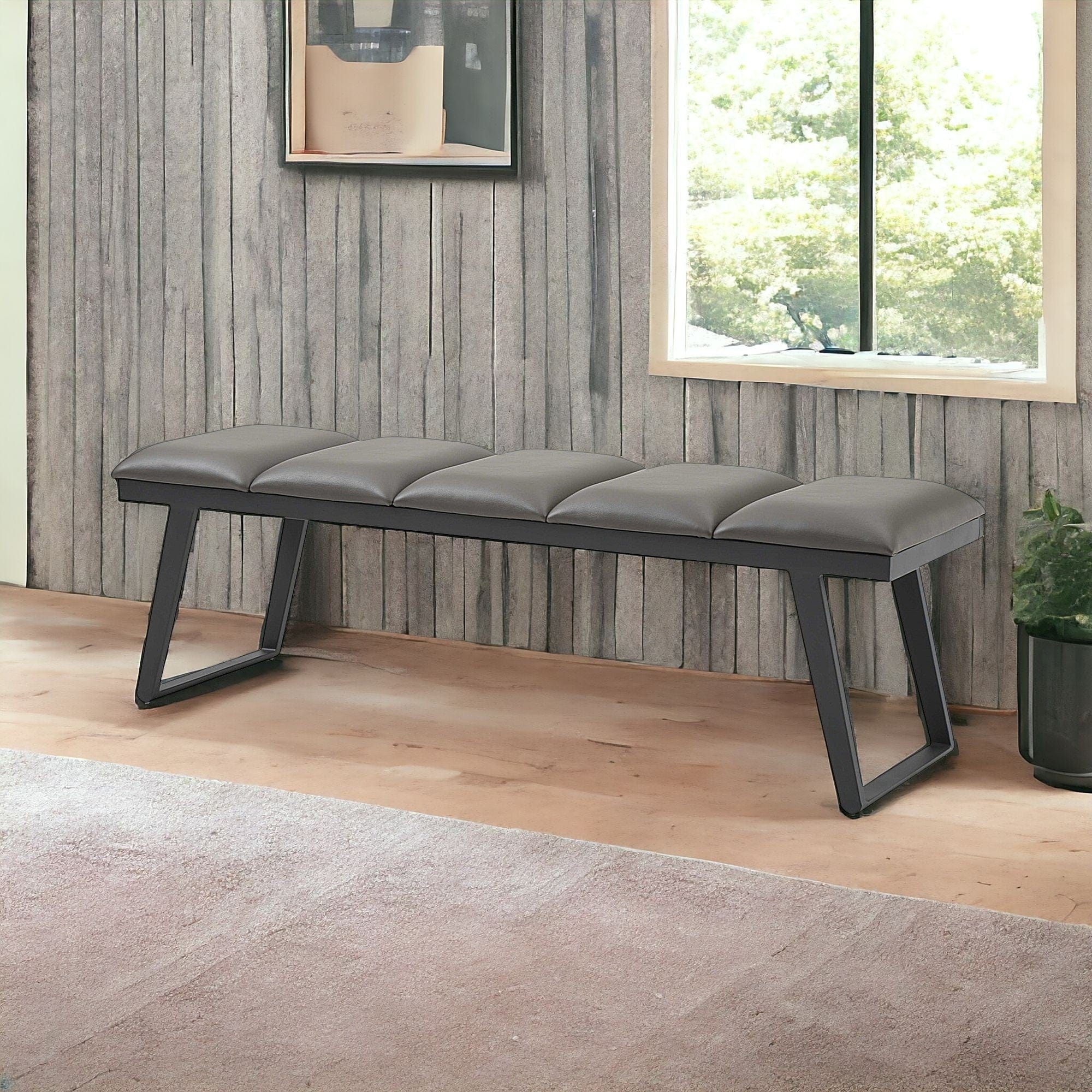 57" Gray Upholstered Faux Leather Bench - Image 8