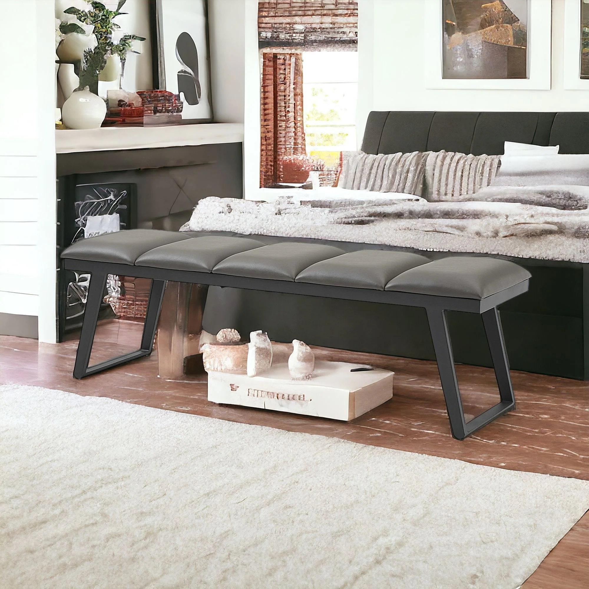 57" Gray Upholstered Faux Leather Bench - Image 9